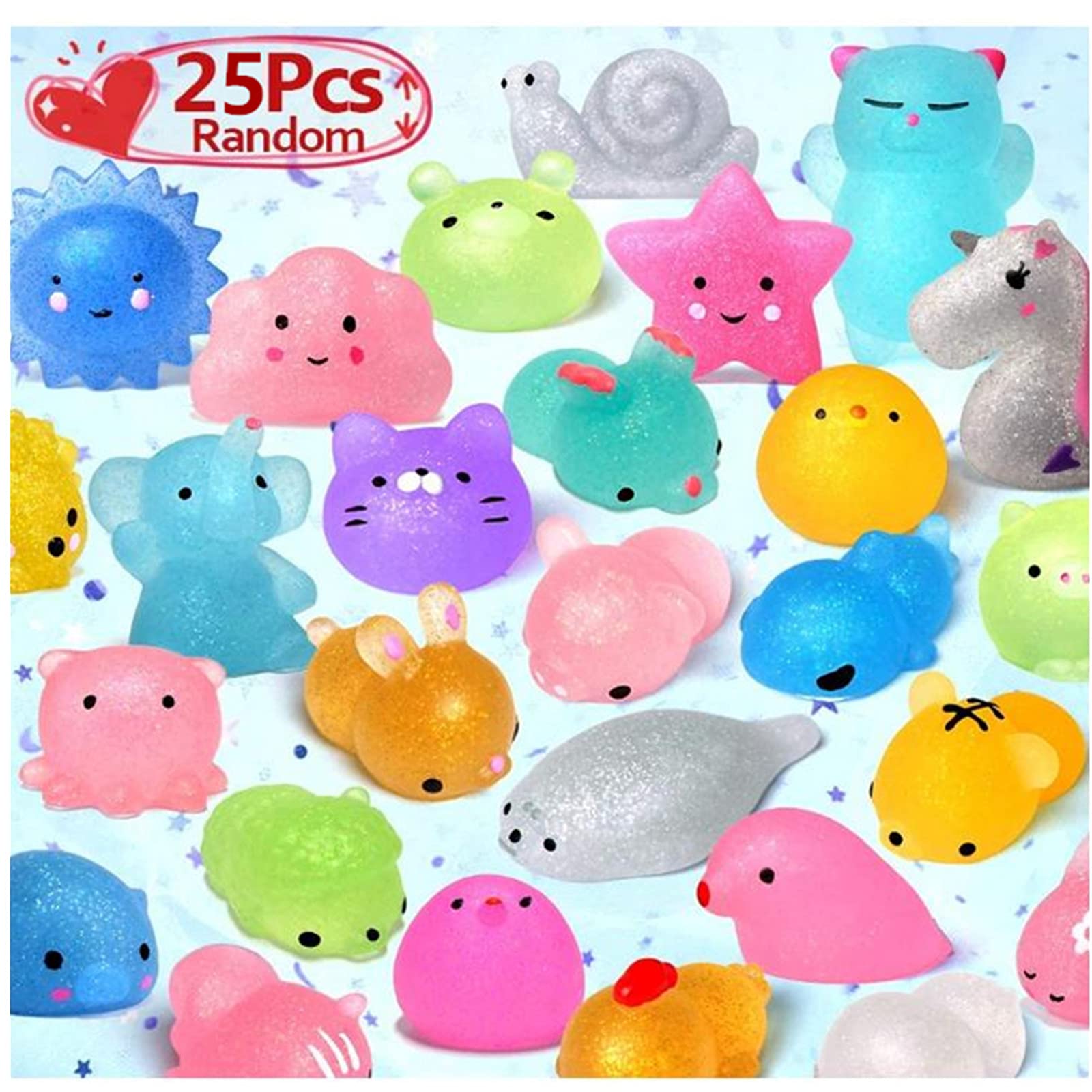 AM ANNA 25PCS Mochi Squishy Toys 2nd Generation Glitter Party Favors for Kids Mini Squishy Animal Squishies Stress Relief Toys Kawaii Cat Unicorn Squishys Birthday Gifts for Boys & Girls, Random