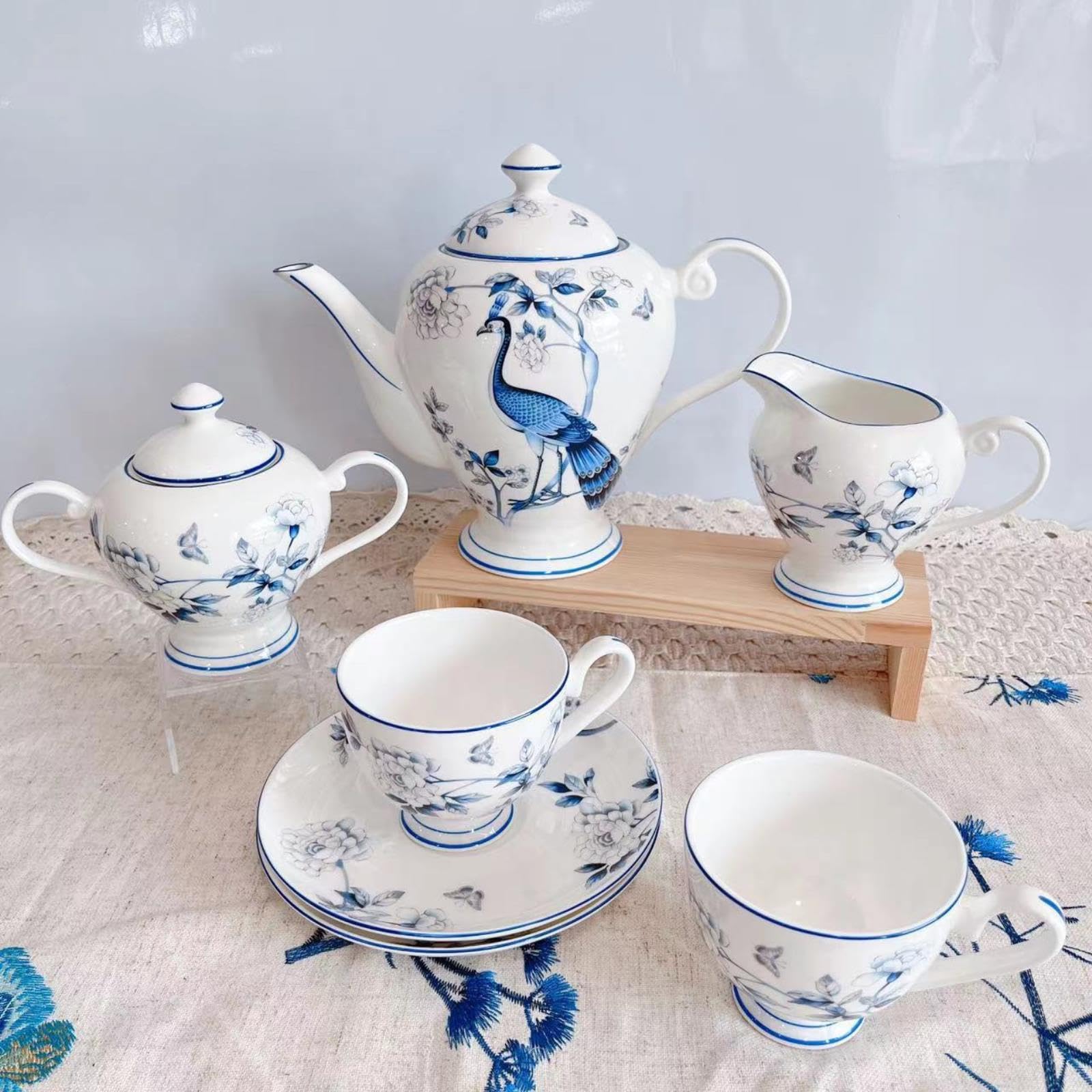 Amazon.com | Bone Porcelain Coffee Pot Tea Cup Set With Blue