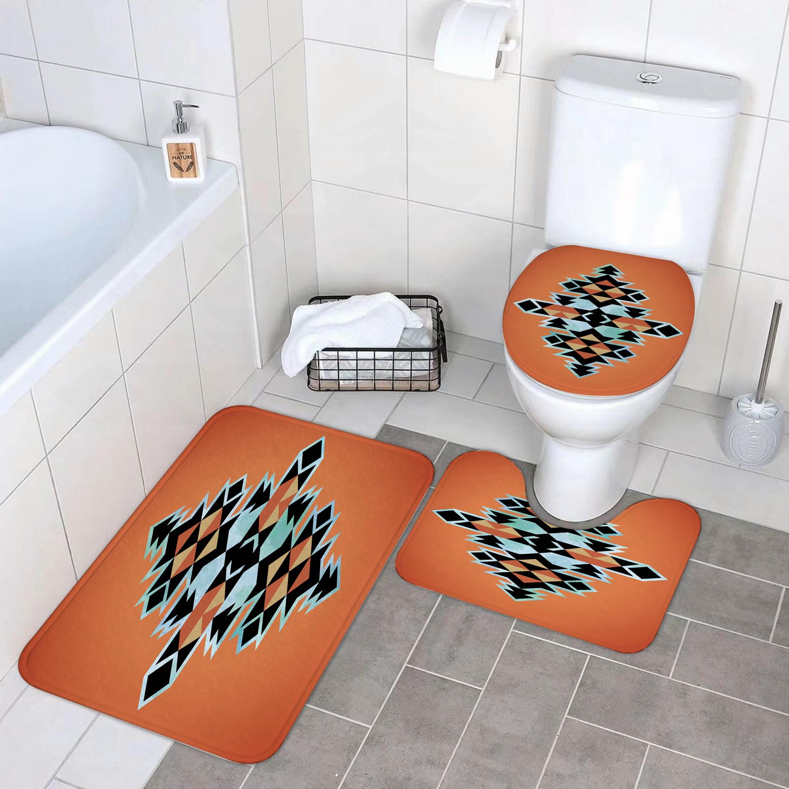 Set di 3 tappetini da Bagno, Lavabili in Lavatrice e Antiscivolo, tappetini in Morbida Fibra Superfine, tribali, Motivi tribali aztechi, Design Etnico Astratto, Elementi tradiziona