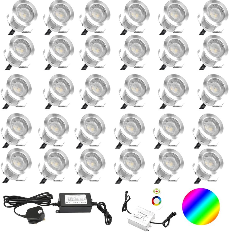 20mm Led decking Lights 12V IP67 Outdoor Lighting Kits 1 Year Warranty 30 Pack RGB Remote Control [Energy Class A]