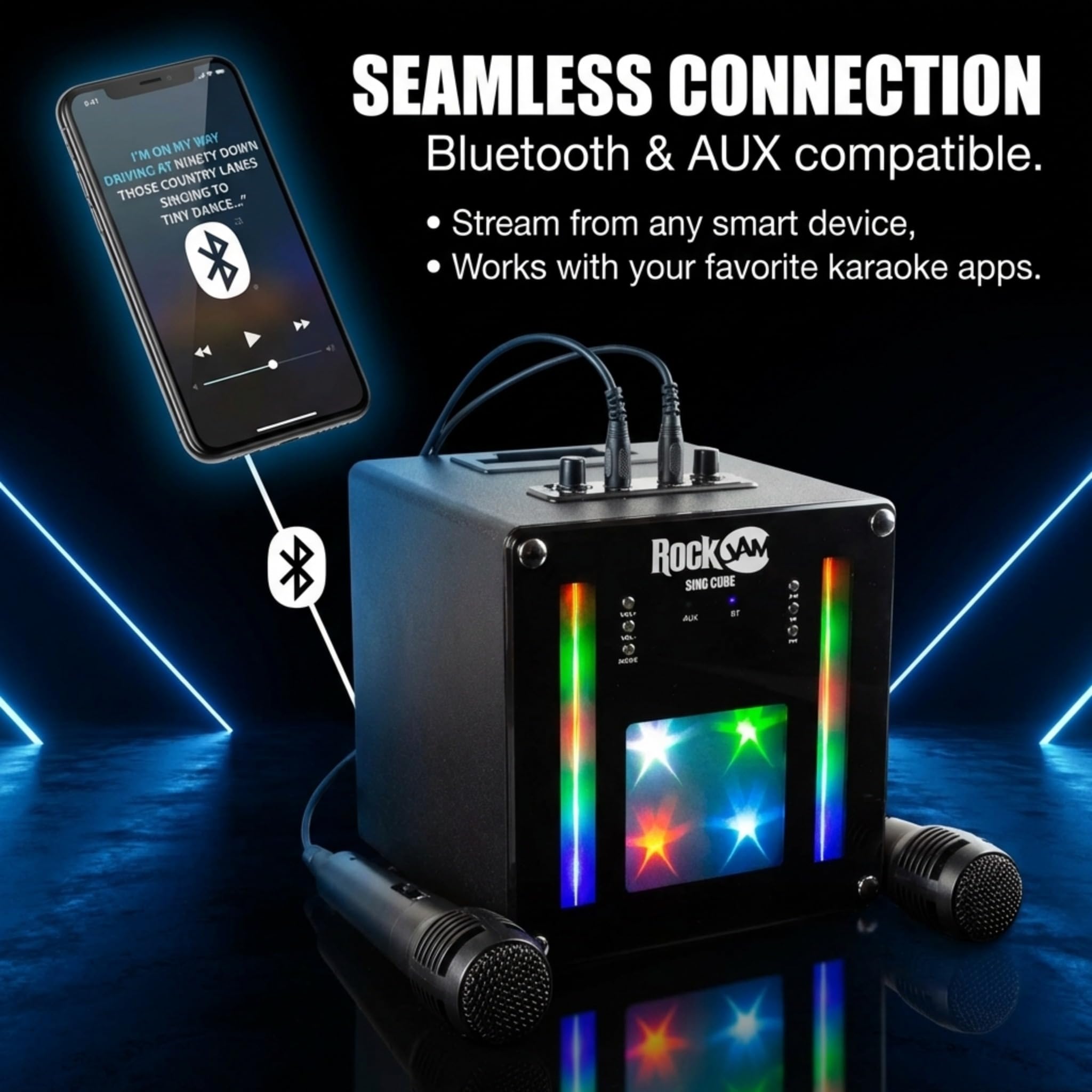 Machine de karaoké Bluetooth Rechargeable RockJam 10 Watts avec Deux Microphones, Jeux de lumière et Effets vocaux