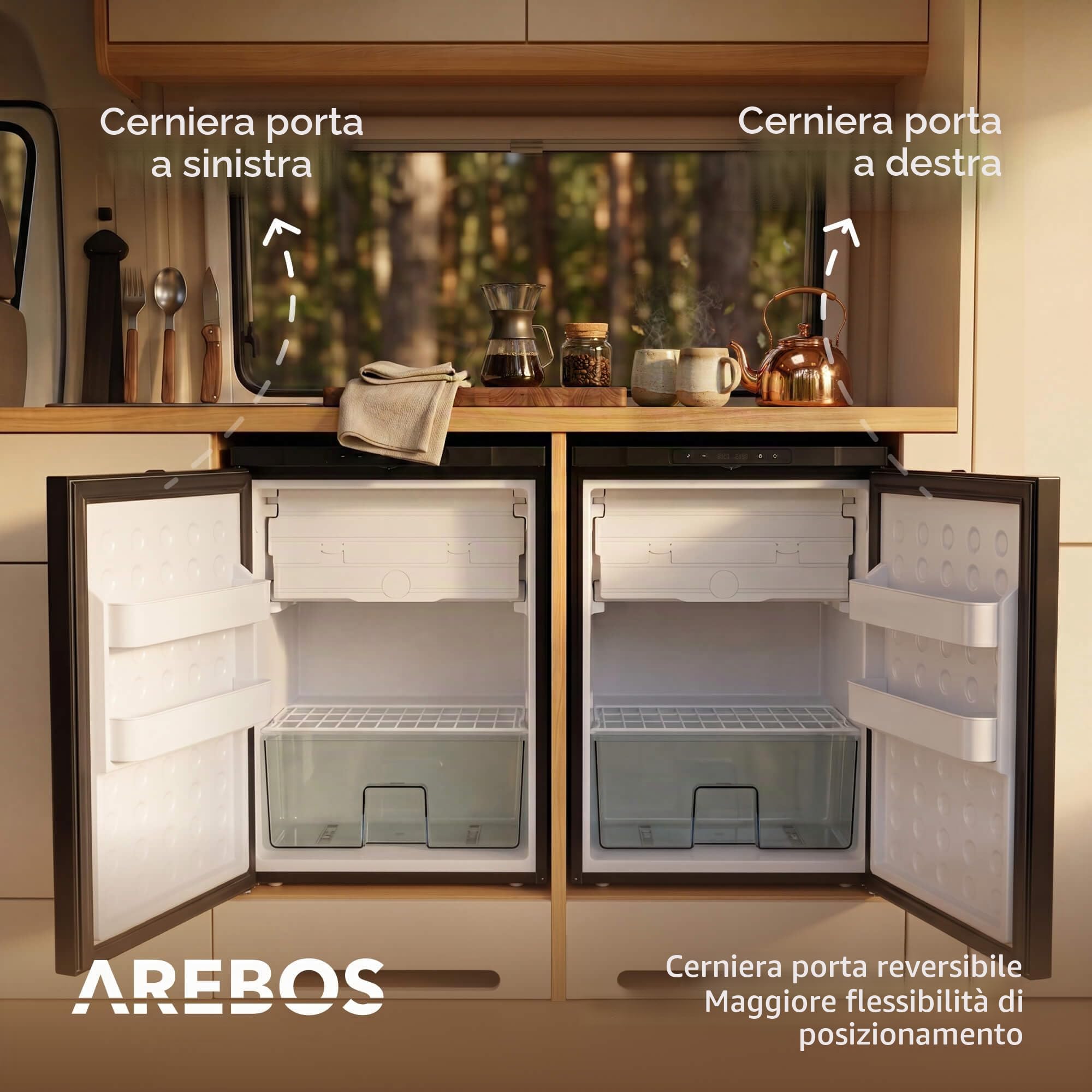 AREBOS Frigorifero a Compressore per Camper 65L con Scomparto Congelatore | Controllo APP | 12V/24V | Fino a -20°C | Porta Reversibile | Frigorifero per Camper, Van, Auto e Camion
