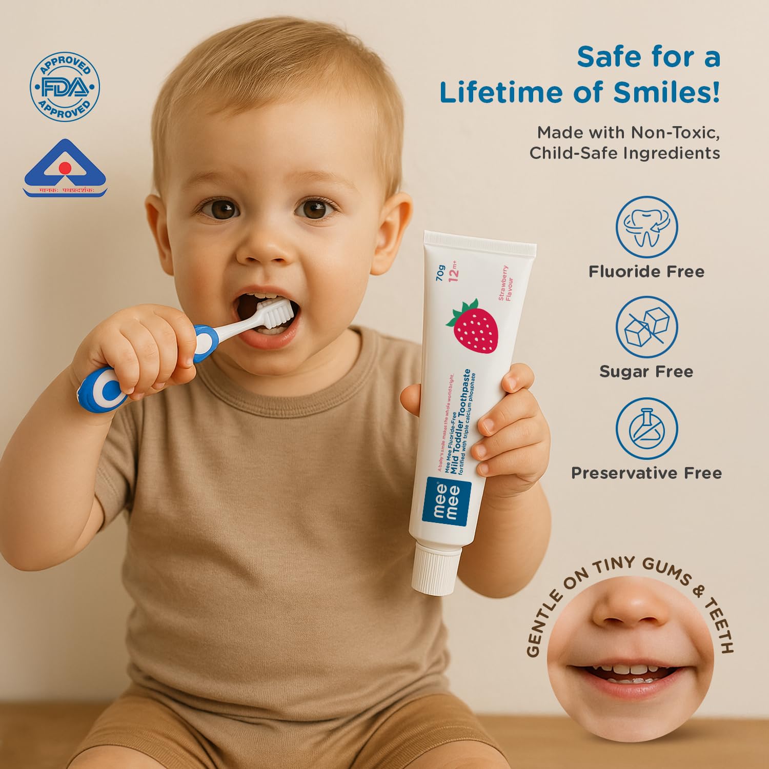 Mee Mee Kids Toothbrush & Toothpaste Combo | For Babies & Toddlers (6 Months–3 Years) | Fluoride-Free, Safe to Swallow, Strawberry Flavour, Soft Bristles, Foldable Car-Shaped Brush (Blue) 2