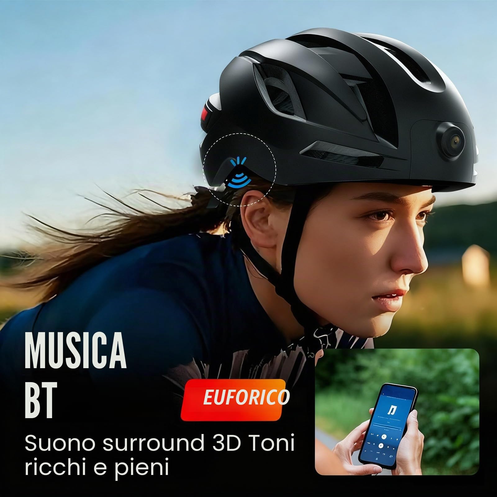 Fockety Casco da bici intelligente, 58-61cm, connessione wireless, Bluetooth, con telecamera 1080P e indicatori di direzione, display LED ABS per mountain bike/bici corsa all'aperto