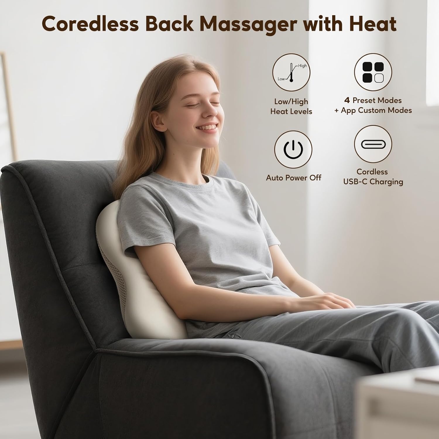 Woman using Arboleaf massage cushion with icons for features