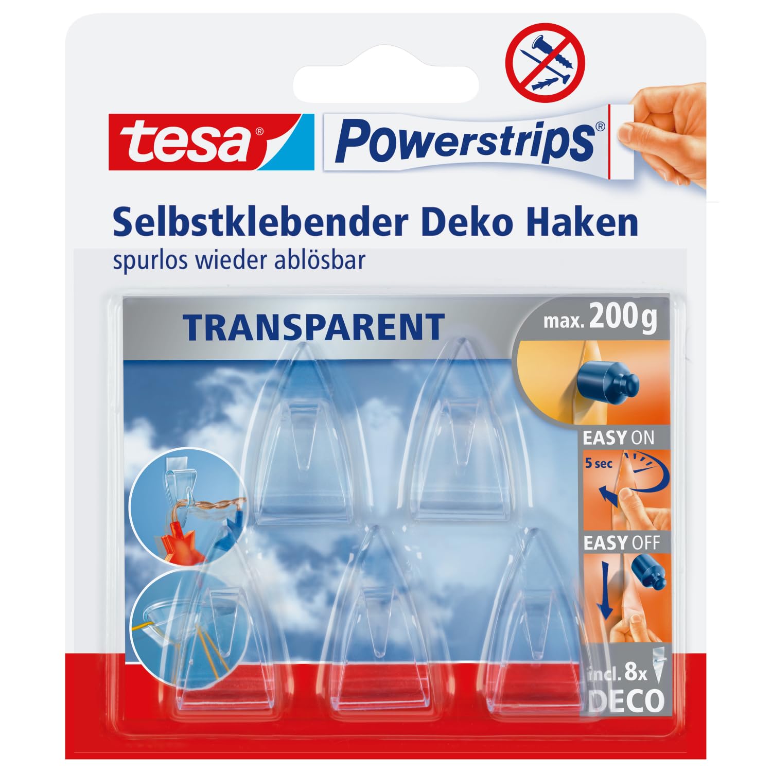 Powerstrips Deco Clear Hooks with Removable Adhesive Strips, 5 Hooks, normal, 58900-00013-03