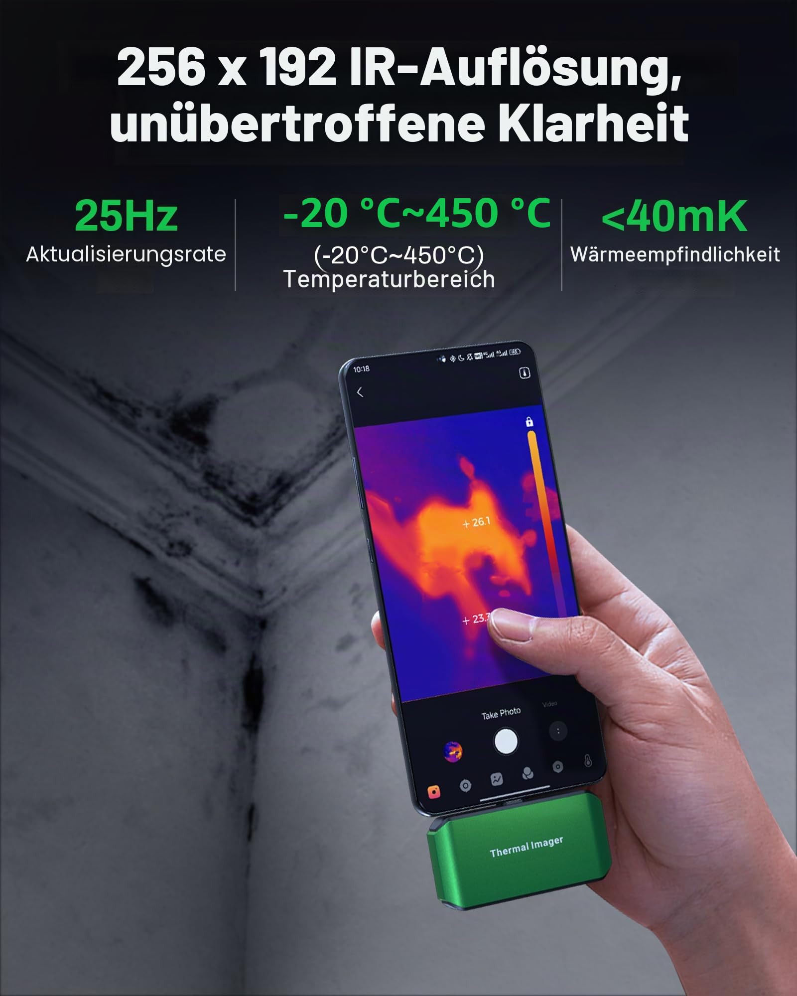 AMPBANK Wärmebildkamera Android, 512x384 TISR IR-Auflösung Wärmebildkameras mit 3D-Analyse, 25Hz Bildwiederholrate, -20℃ bis 450℃ Temperaturbereich, Thermal Camera für Smartphones, Tablets, PC
