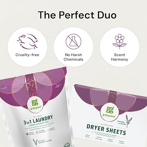 Miniatura 3 de Grab Green Paquete de cápsulas de detergente 3 en 1 y hojas de secadora, 60 cápsulas y 80 hojas de secadora, aroma a vainilla y lavanda, a base de