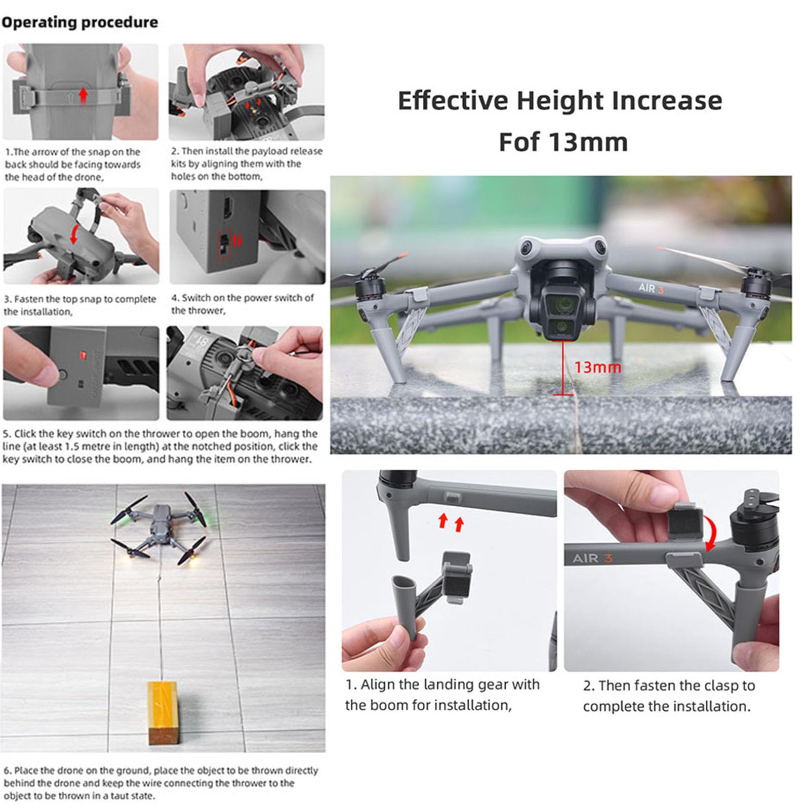 Système Airdrop pour drone + Trains d'atterrissage pour DJI Air 3 - Lanceur de charge utile - Transport - Dispositif de déverrouillage - Dispositif de chute - Jambes étendues