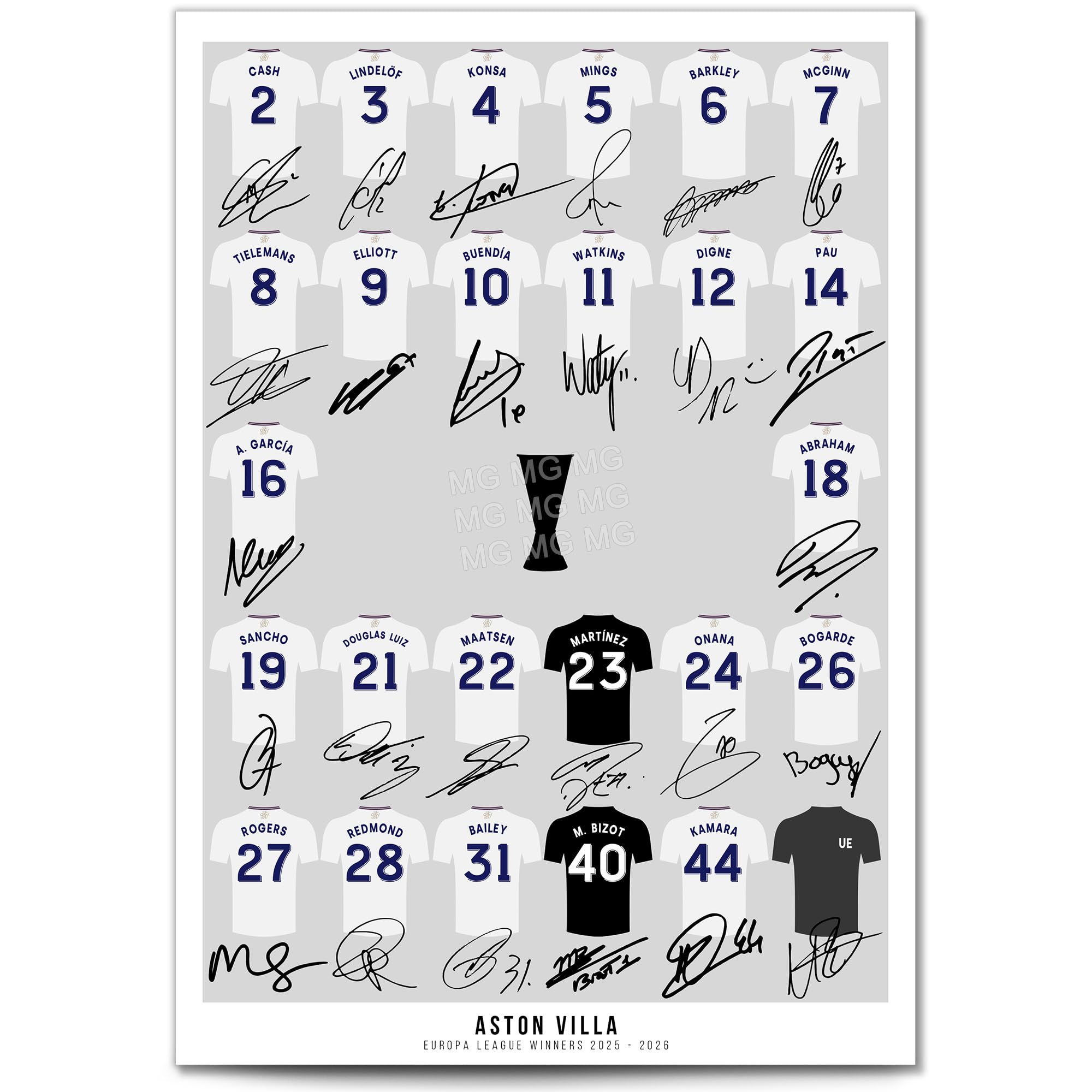 Mounted Gifts Trading Aston Villa Team Squad 2025-2026 Signed Poster Print Framed Picture Photo Autograph Gift 25/26 Ollie Watkins Morgan Rogers Mcginn (Europa Champions 2026, A4 Print (Unframed))