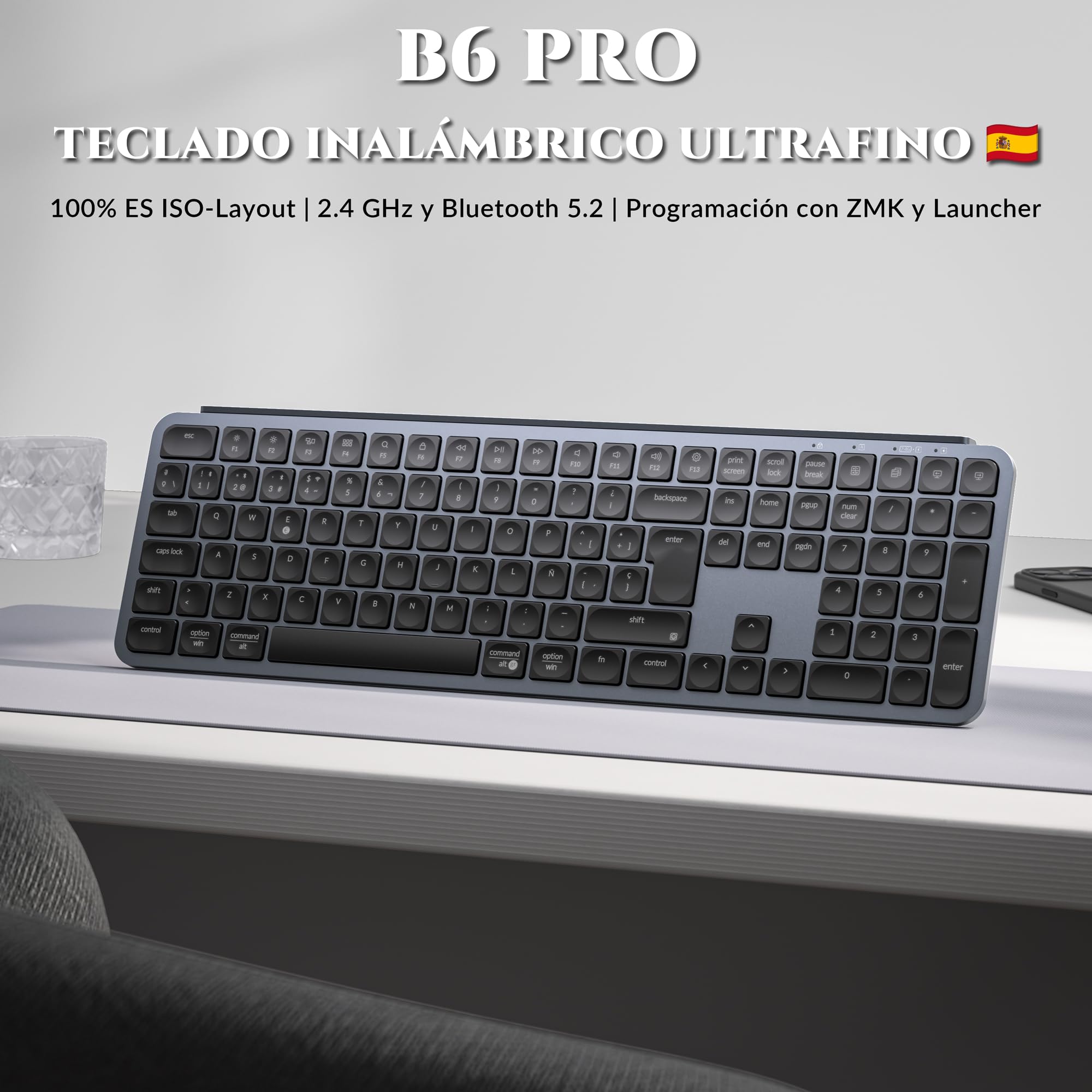 Keychron B6 Pro Teclado Inalámbrico Ultradelgado, Diseño ISO-ES 100%, 2.4 GHz/Bluetooth 5.2/Cable, Programable Mediante ZMK/Launcher, Escritura Silenciosa, para Mac, Windows y Linux – Gris Espacial