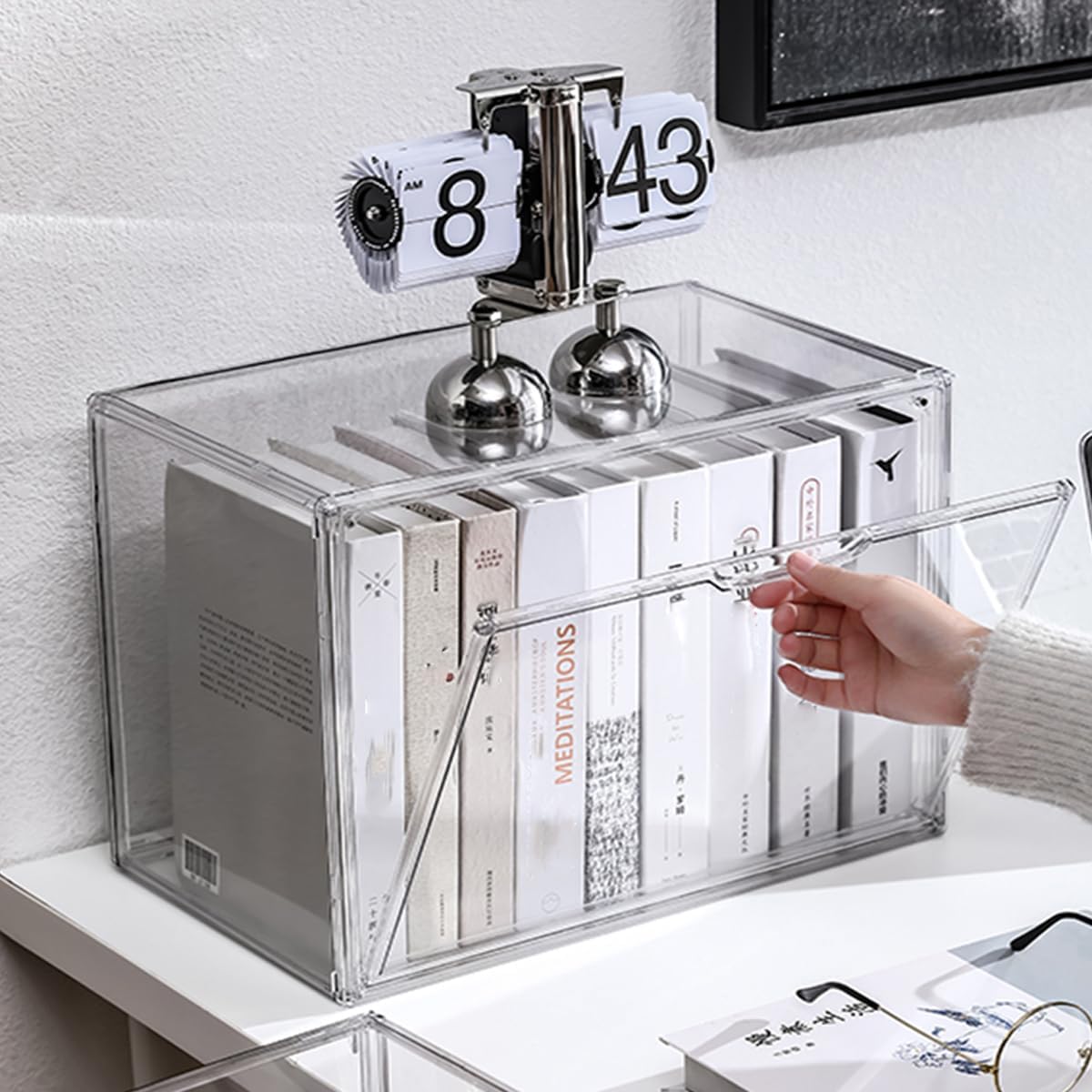 ​​​​​​Clear Acrylic Bookcase, Book Organizer Box, Portable Book Containers with Magnetic Door, Stackable Display Case for Purses Handbags Dolls Toys Shoes(Clear, 14.17" ×10.63"×8.66")