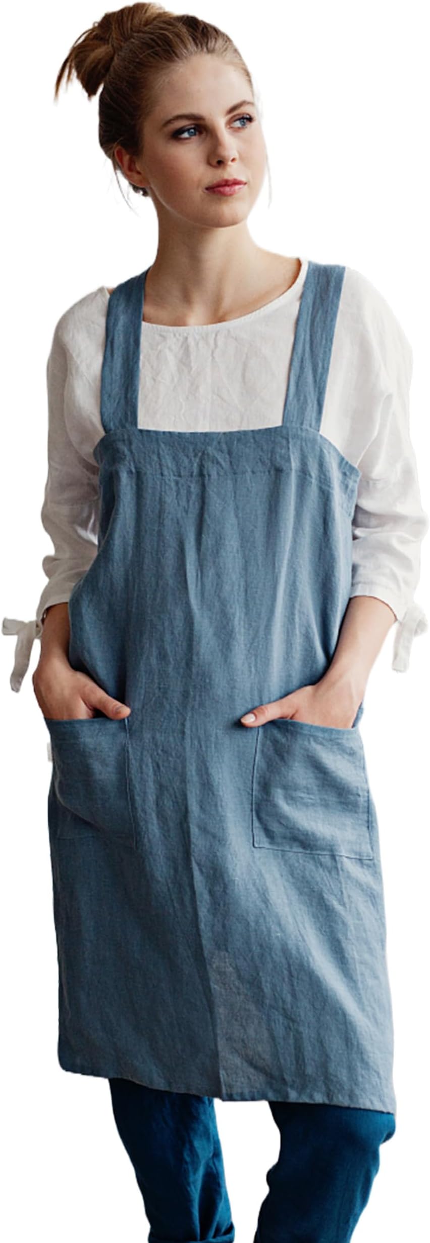 MagicLinen Japanese Style Linen Apron with Front Pockets, Solid Color Gray Blue, S-XXL Size, Handmade in Europe (L-XL)