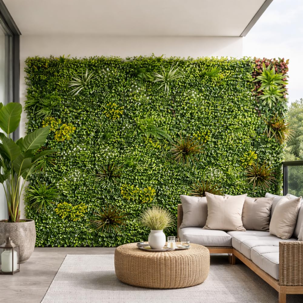 Pannello Siepe Artificiale 100x100 cm, Modulo Verde Decorativo per Parete, Giardino Verticale Finto per Interni ed Esterni (Spring Garden)