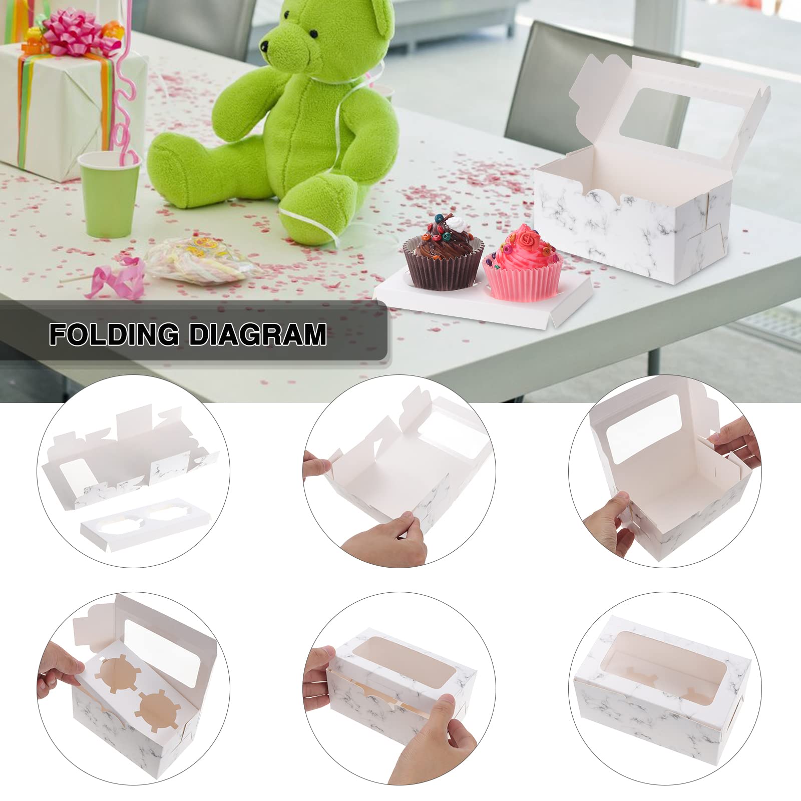 Boîtes à Cupcakes Avec Fenêtre - Lot De 2, Blanc, 16x9x7,5 Cm - Idéal Anniversaire, Mariage, Cadeaux Pâtisserie - 9