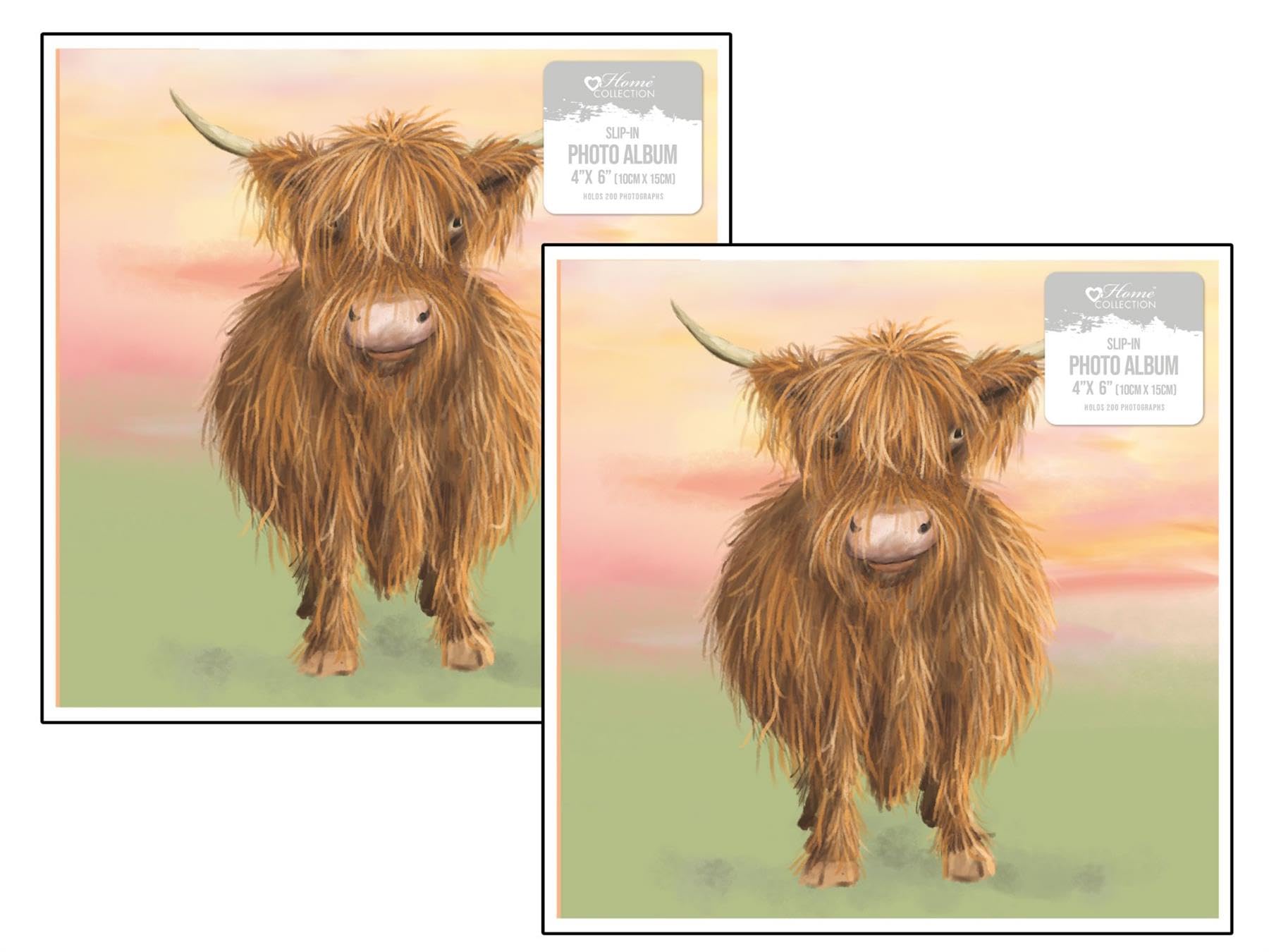 Photo Album Highland Cow Design - Pack 2 Slip In Photo Album Pockets With Memo Space - 200 Photos Storage Book 4x6" Prints - Family Photograph Baby Wedding Travel