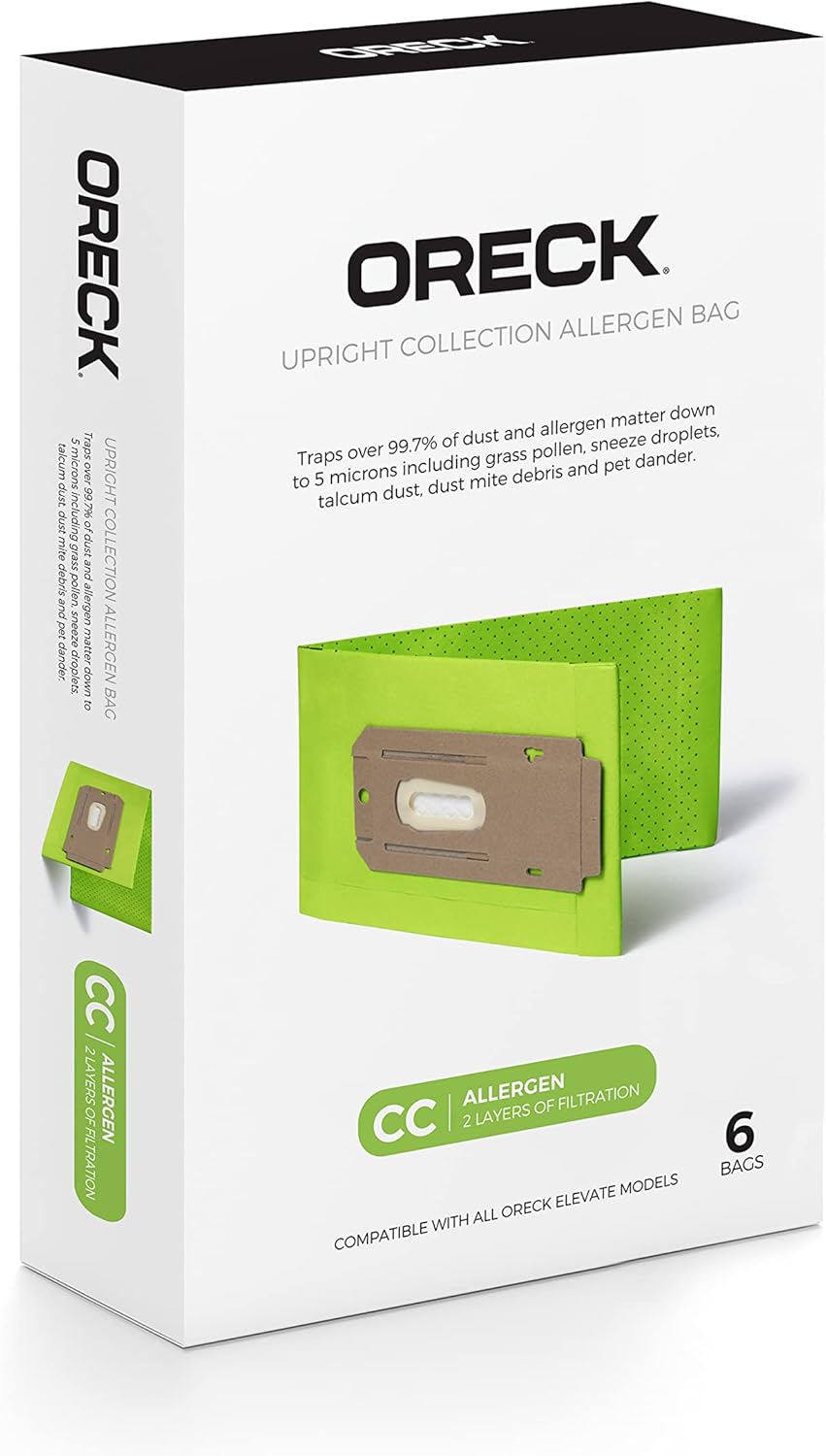 Oreck Vacuum Cleaner Bags for Upright Vacs, Pack of 6, Green, Type CC, Allergen Filtration, Part # AK1CC6A, Oreck Vacuum Bags