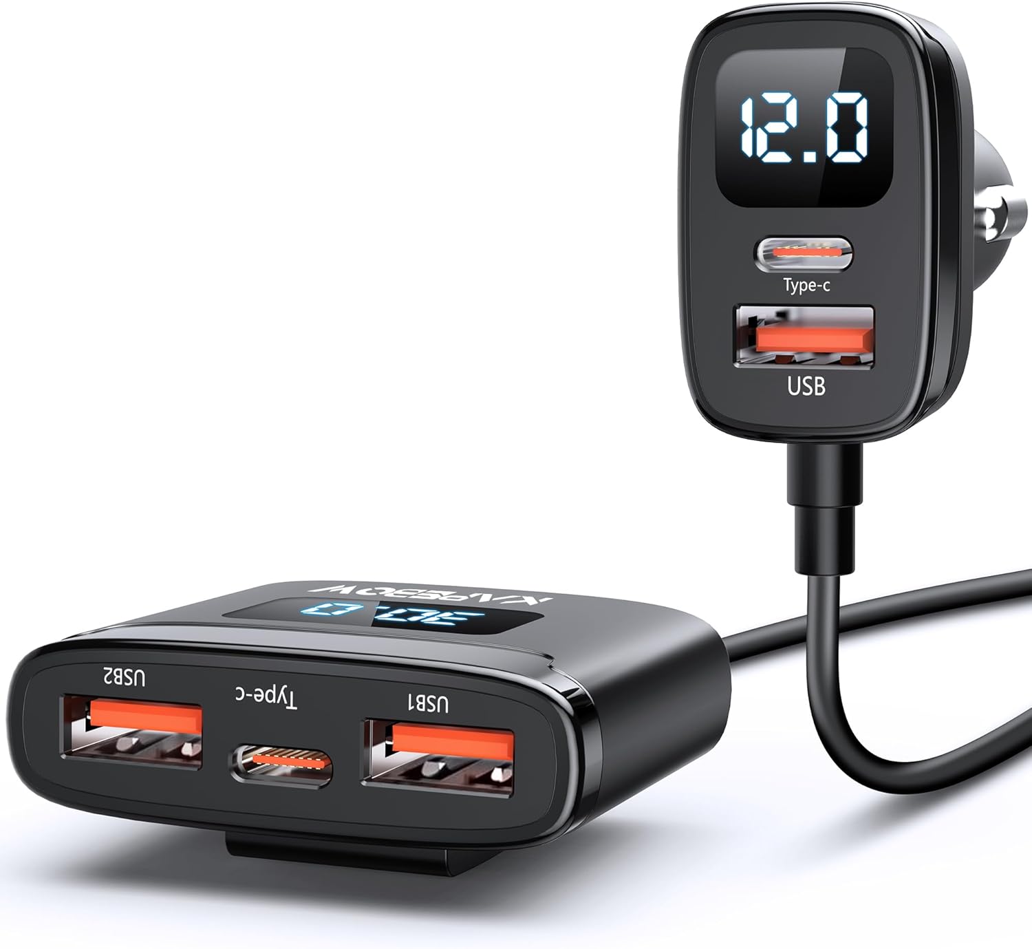 kapebow 78W Fast Charging USB C Car Charger, 5 Port Car Phone Charger with Voltage Display, 5FT Extention PD&QC 3.0 Type C Car Charger for Back Seat for iPhone iPad Samsung Pixel Phones - Image 9