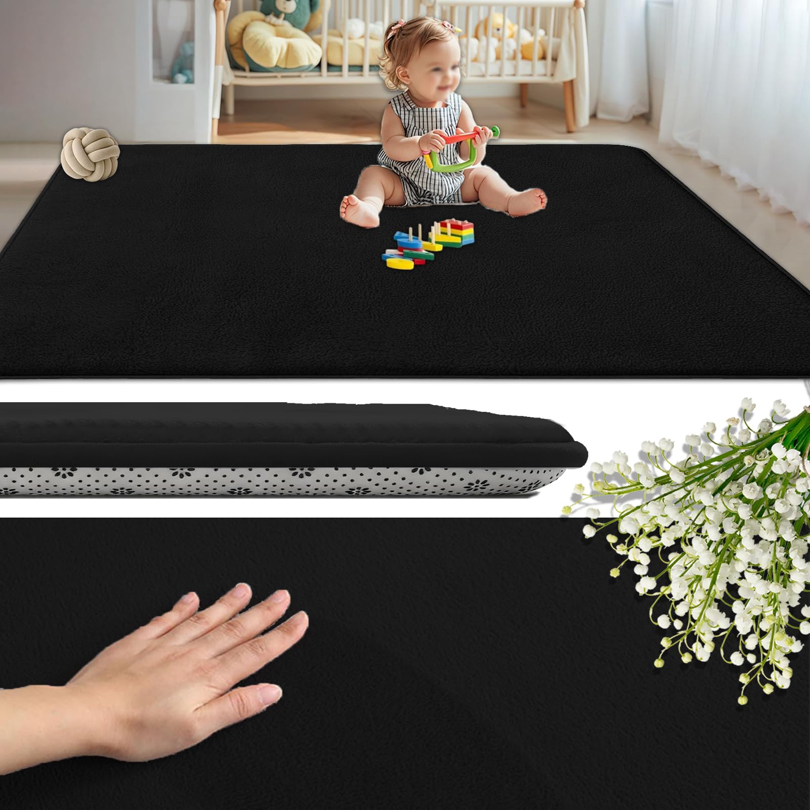 GmyoieqI Coral Velvet Baby Play Mat 2CM Thick, Non-Slip Backing Playmat for Floor Playroom Bedroom Yoga Mat 40 x 80 cm Large Memory Foam Area Rugs for Crawling Soft Play Tummy Time Activity Black