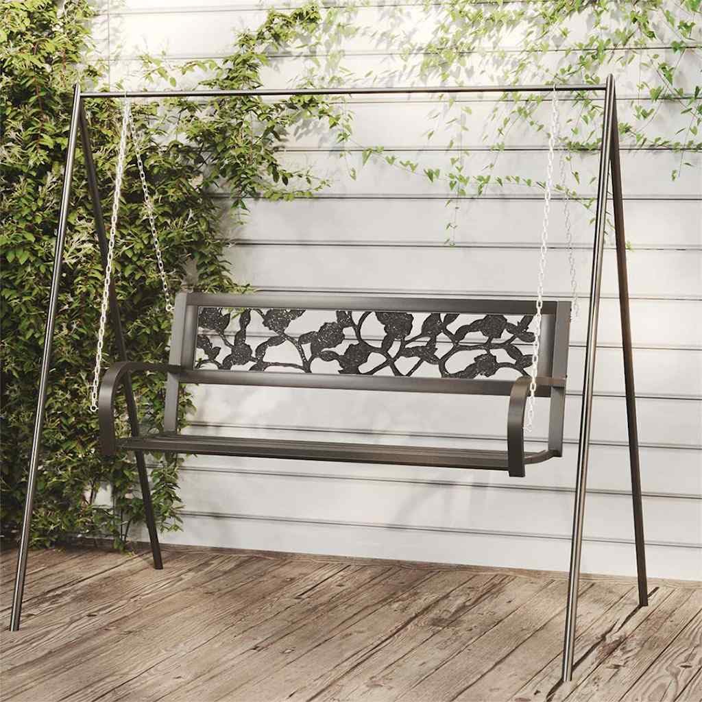 SYDE Banco Columpio de Jardín 125 cm Acero y Plástico Negro | Resistente a la intemperie, reposabrazos amplios, respaldo con estampado de rosas, cadenas incluidas