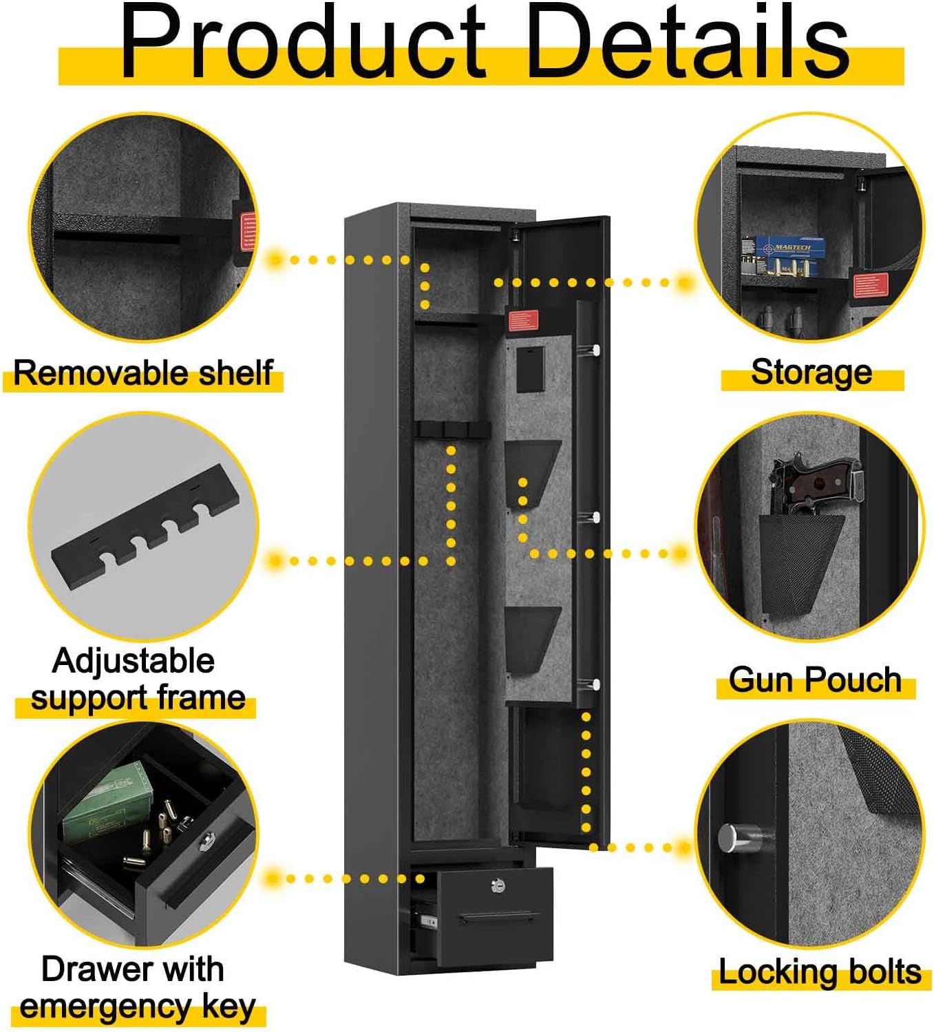 4-6 Gun Safes for Home Rifle and Pistols, Fireproof Gun Safe for Rifles and Pistols with 2 Removable Gun Racks and 2 Pistol Pockets, Gun Cabinet with Password Lock for Home,Office,Bedroom (S)