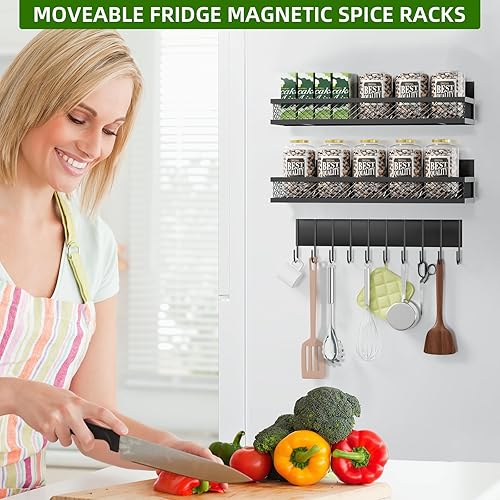 Miniatura 7 de Estante magnético para especias para refrigerador, paquete de 3 estantes magnéticos para refrigerador, cesta magnética móvil se utiliza para
