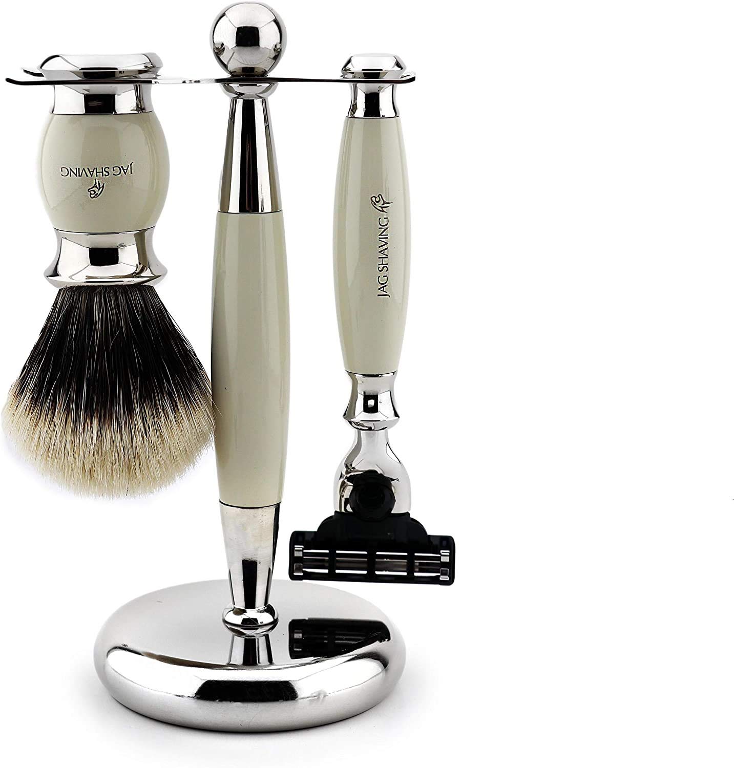 Wet Shaving 3 Piece Set for Men Silver Tip Badger Brush & Triple Edge Compatible Razor in Ivory Colour > Gift Kit for Any Gentleman by Jagshaving 1 Cartridge Included Ready to Use