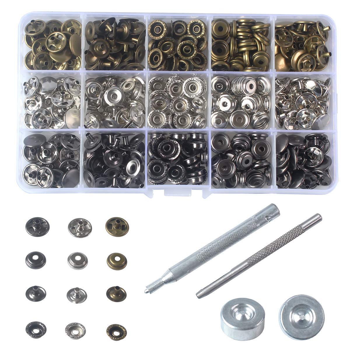 90 Sets - 12mm(1/2") Metal Line 24 Gunmetal Black Plated Steel Snaps Fastener Leather Rapid Rivet Button Sewing with Seting Tool (12mm, Mixed)
