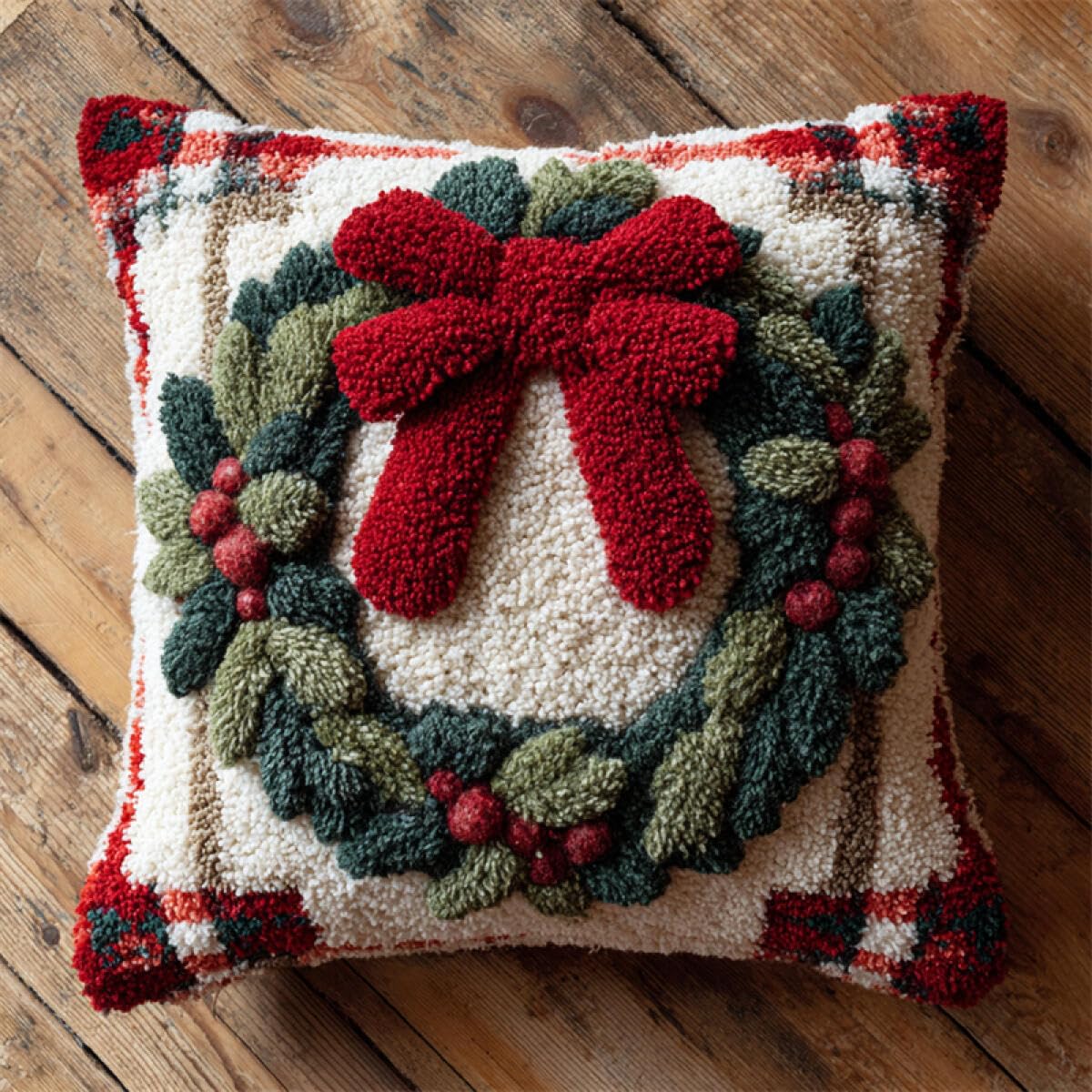 Kitquiver Needlepoint Pillow Kit Cartoon Christmas Wreath Latch Hook Kit Pillow DIY Rug Crochet Hook Cushion Making Kits with Preprinted Pattern Canvas 43x43cm