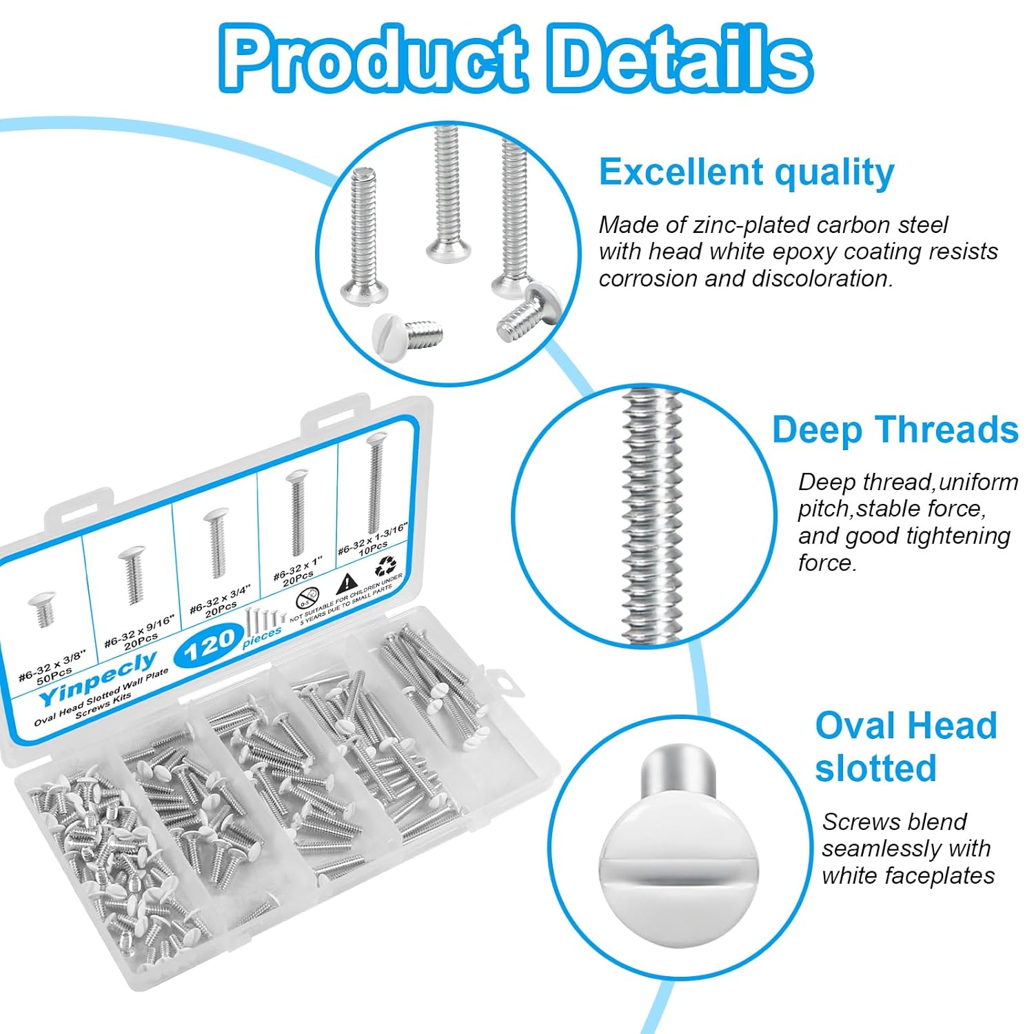 Yinpecly 120 PCS White Wall Plate Screws Kit, White Outlet Screws 6-32 Thread Electrical Cover Panel Switch Plate Screws 5 Length Sizes (3/8", 9/16", 3/4", 1", 1-3/16")