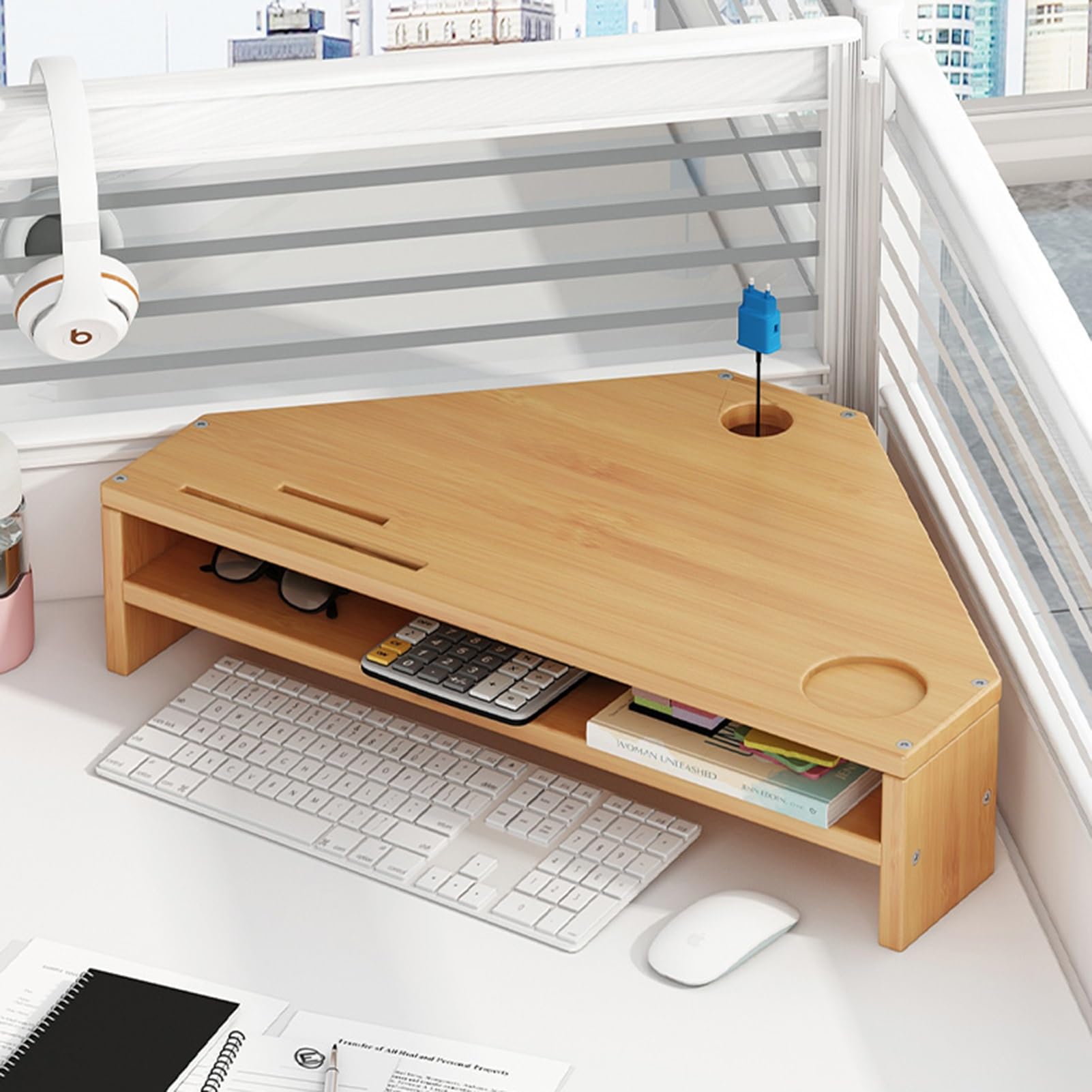 BBHW Corner Monitor Stand Riser, Solid Wood, Ergonomic Office Desktop Corner Shelf, Triangle Computer Stand with Storage, Space Saving Laptop Risers