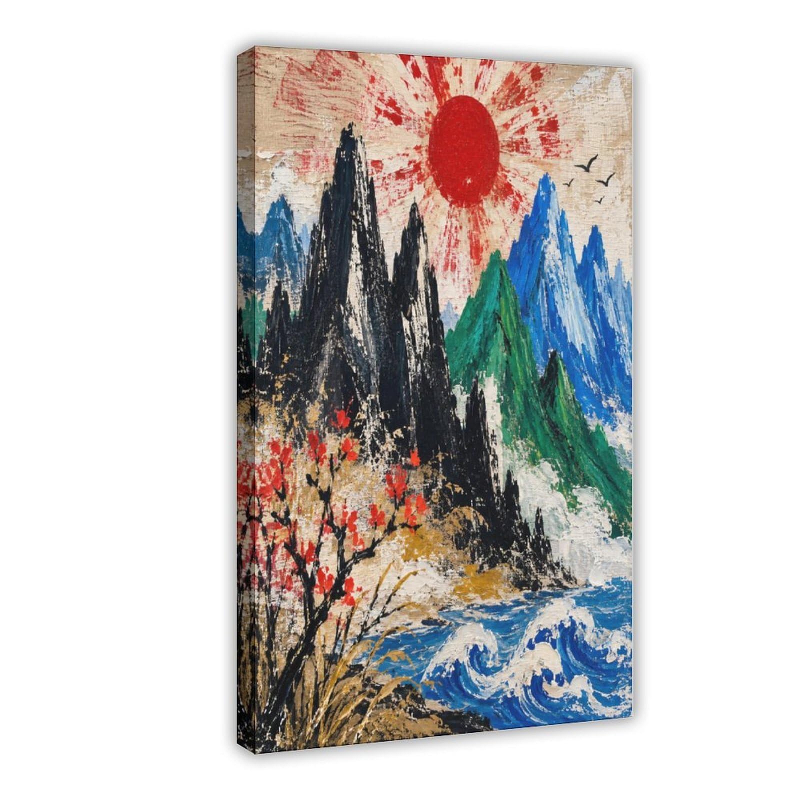H3b8u2y5 Frame-Style-17 Black Mountain River Canvas Wall Art, Japanese Woodblock Entryway