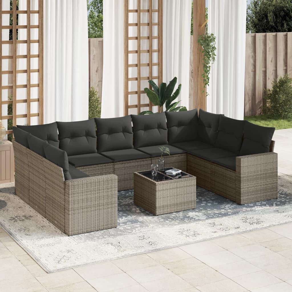 Juego de sofá de jardín (10 piezas, con cojín de ratán sintético, modular, con espacio de almacenamiento y bandeja de cristal, muebles de exterior de polietileno para terrazas