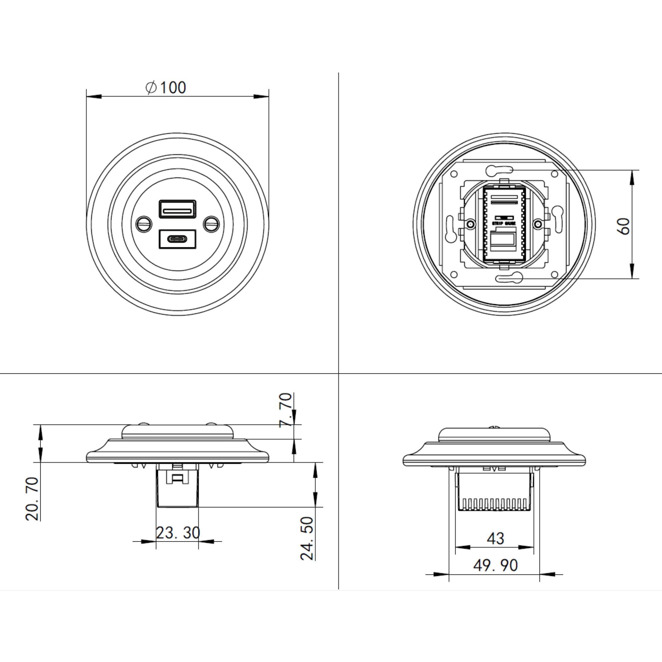 Unterputz Porzellan Retro, USB-A USB-C, Steckdose 2-fach, All-in-One, Serie PR1 Weiß