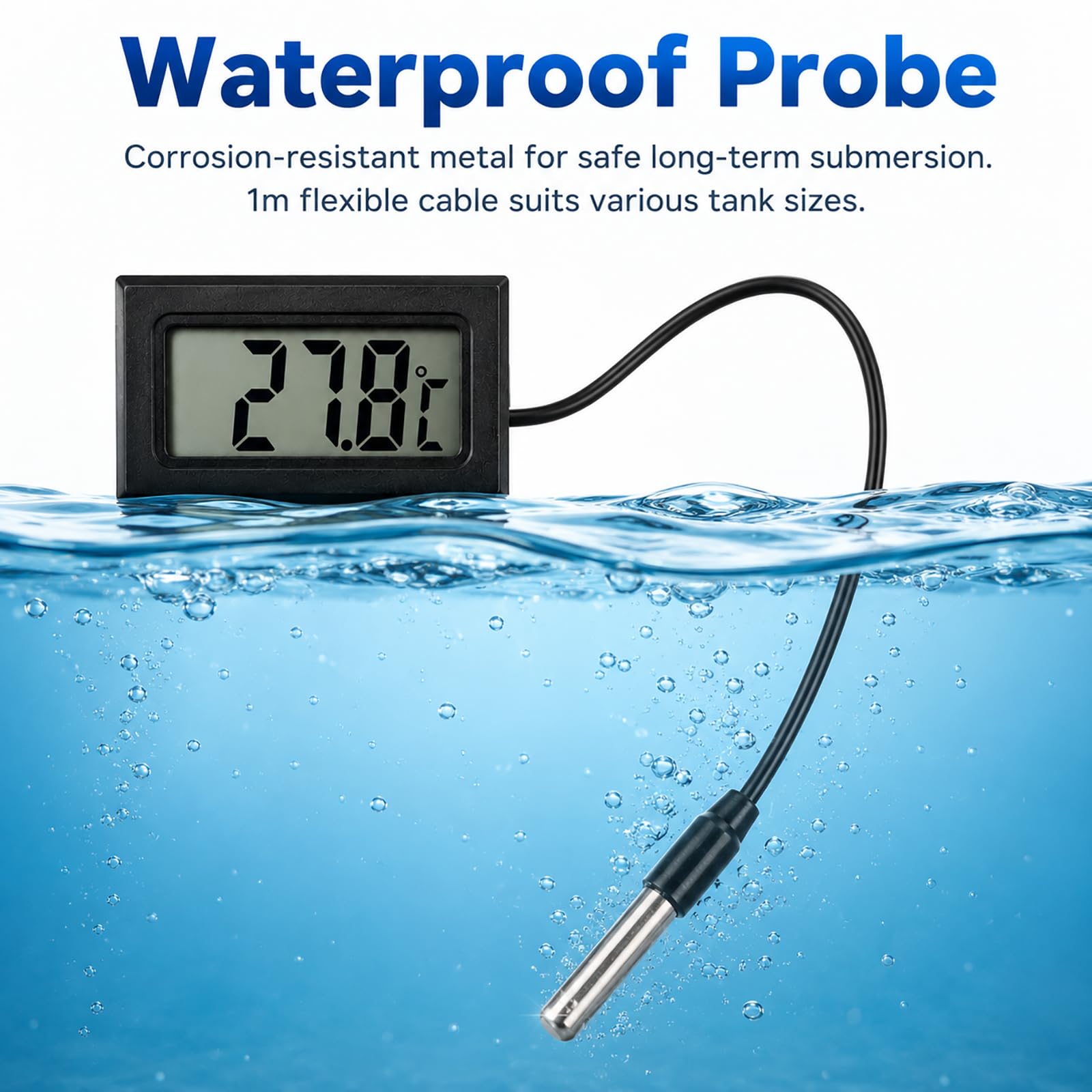 Digitales Thermometer mit externer Sonde, Temperaturfühler für Kühlschrank, LCD-Display, Bereich -50 °C bis +110 °C, Kabel 1 m, Batterien im Lieferumfang enthalten, Gefrierschrank, Aquarium, Bad, Auto