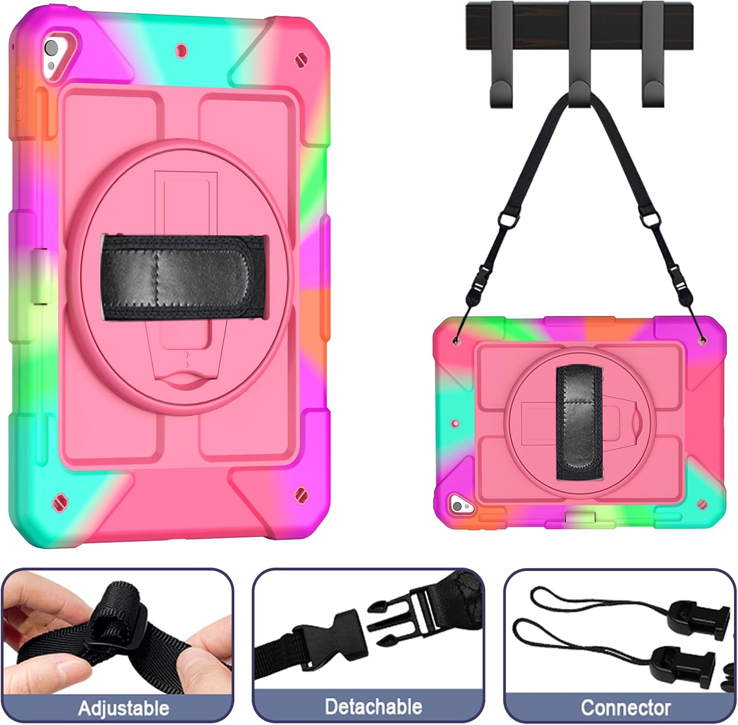 LTROP iPad 6th Generation Case,iPad 5th Generation Case,iPad 9.7 Case,iPad Air 2 Case for Kids,Shockproof Case with Pencil Holder/360 Rotating Stand/Hand Strap for iPad 2018/2017 9.7 inch, Pink