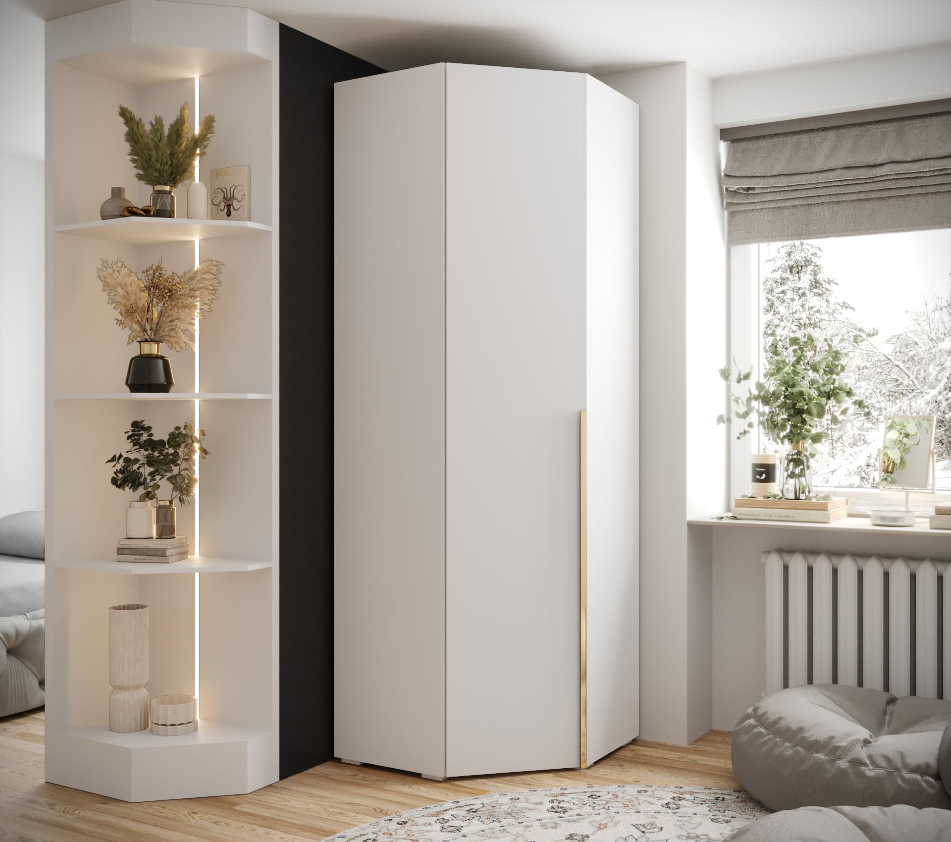 ABIKSMEBLE Armario Esquinero Inova 1 - Armario con Estantes y Barras - Unidad de Almacenamiento - para Dormitorio, Habitación Juvenil, Entrada - 236,7x81,7x47cm - Blanco, Dorado