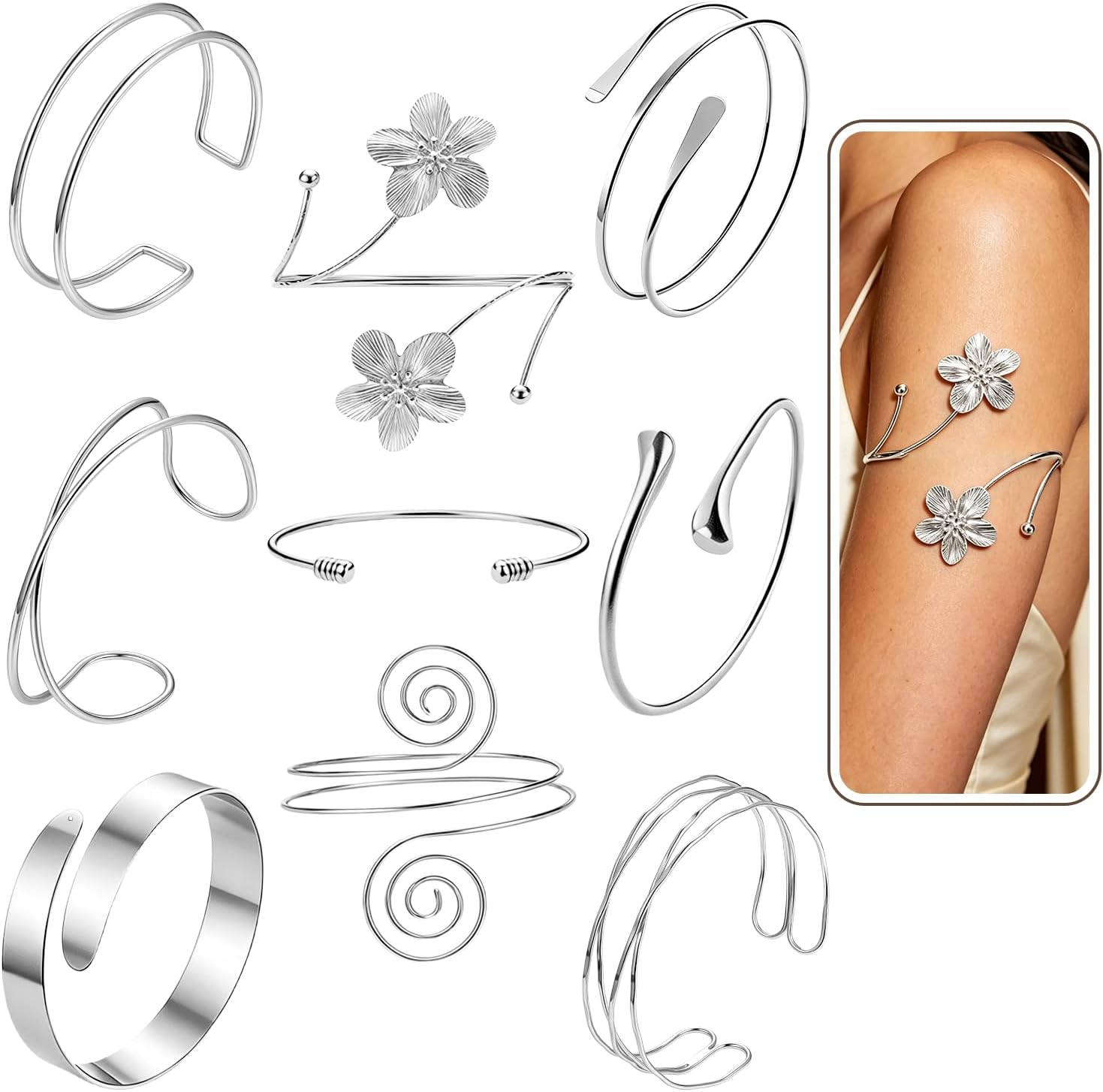 9Pcs Upper Arm Cuff Bracelets for Women Gold Silver
