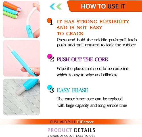 Vista 7 de Teling 15 bolígrafos de borrador mecánico retráctil, estilo bolígrafo escolar, clic, a granel, para escuela, oficina, pintura, escritura, dibujo