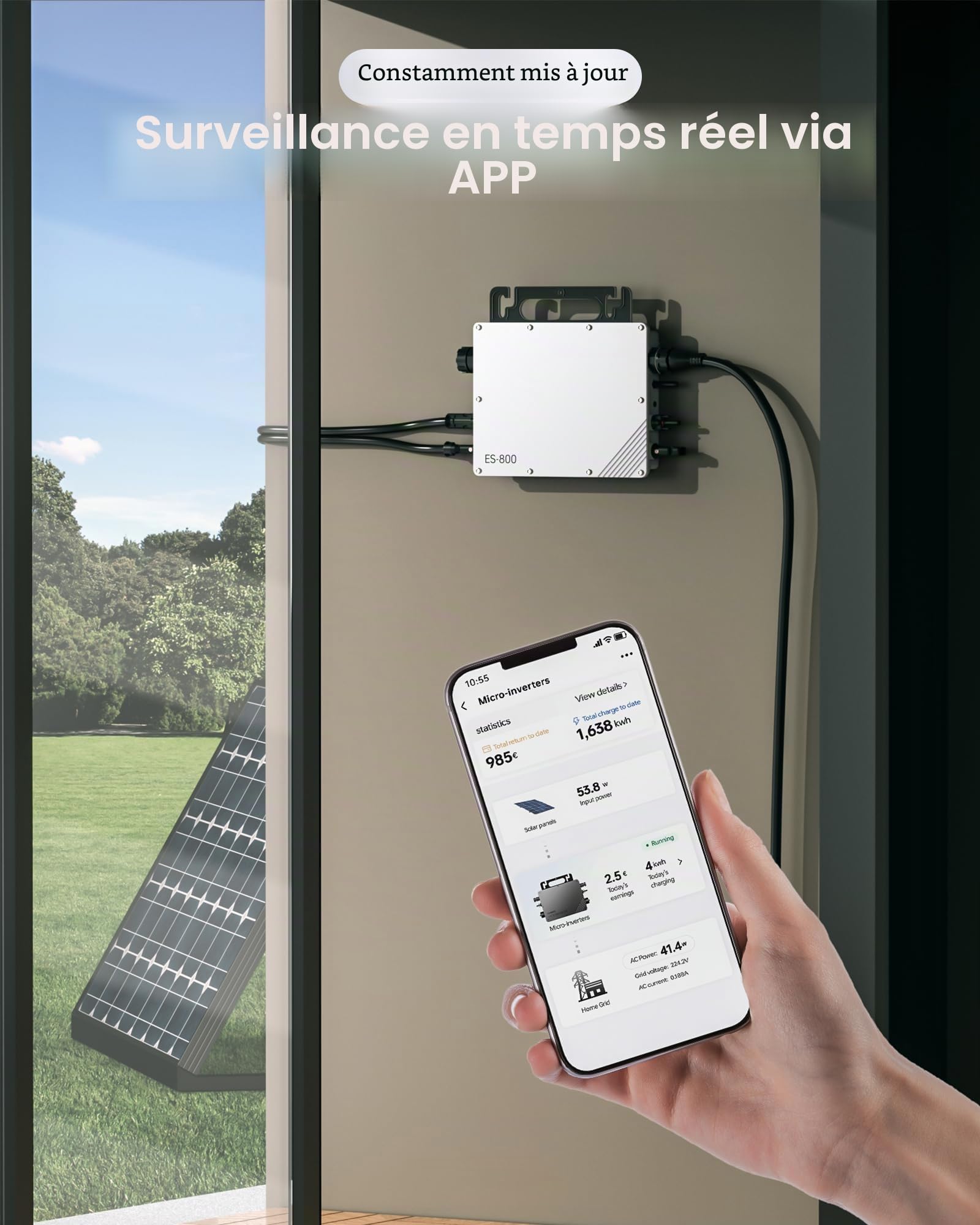 Micro onduleur 800W, onduleur MPPT, entrée Secteur microsolaire, Plug and Play, Installation Facile, Surveillance WiFi avec Application IP67, étanche
