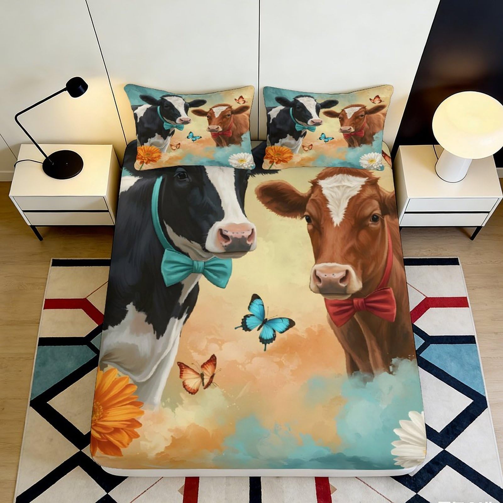 3D Printed Cow Bow Tie Fitted Sheet Microfiber Soft Mattress Cover Butterfly Floral Bedroom Decor Washable 90x200x25cm