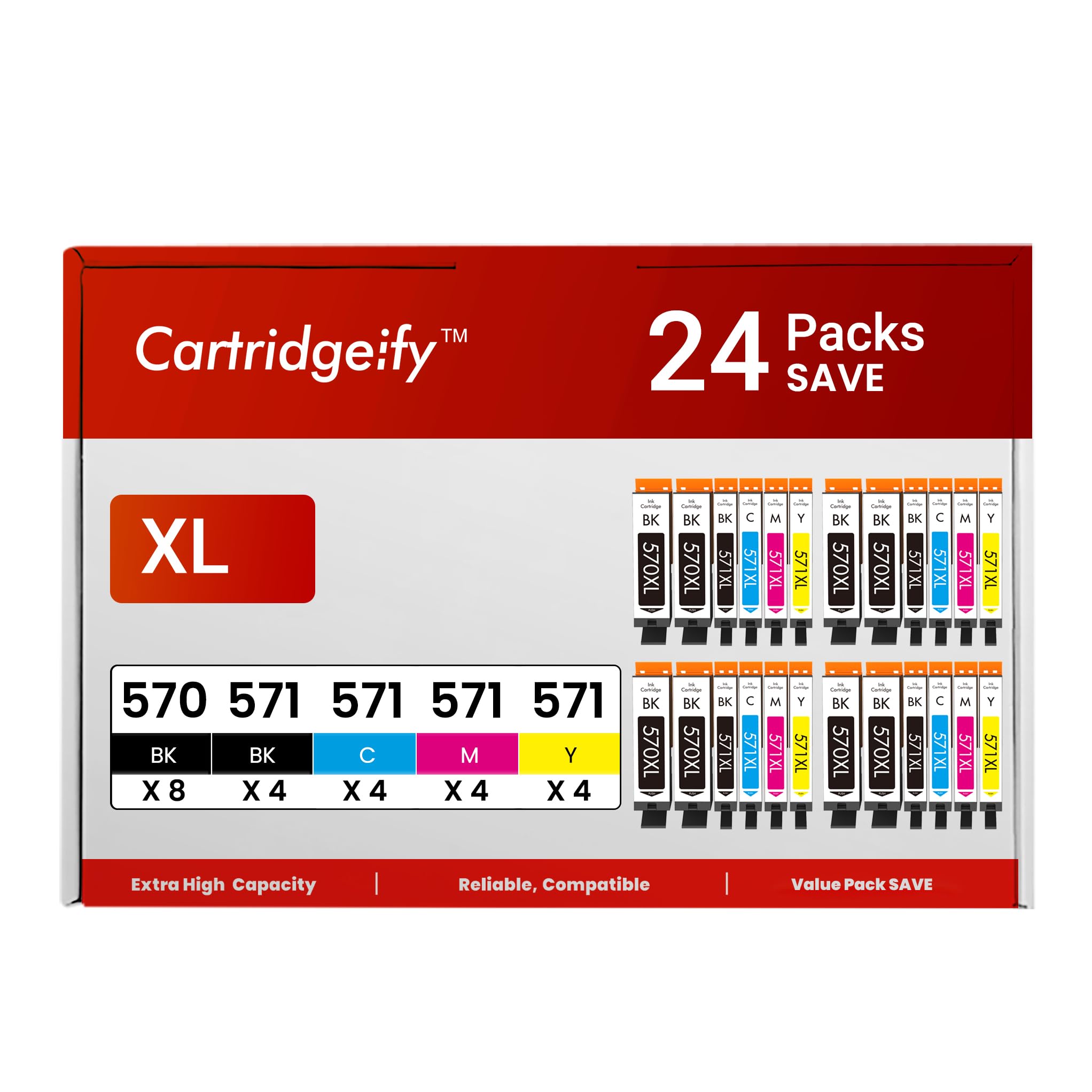 Cartridgeify Pack of 24 PGI-570XL CLI-571XL Compatible with Canon PGI-570 CLI-571 Printer Cartridges Multipack for PIXMA MG5750 MG5751 TS5050 TS5055 TS6050 MG5752 MG5753 MG6850 MG6850