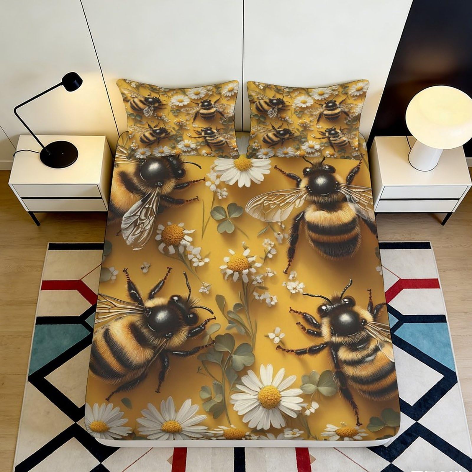 3D Printed Bumblebee Daisy Fitted Sheet Microfiber Soft Yellow Floral Mattress Cover for Bedroom Guest Room Decor 180x200x25cm