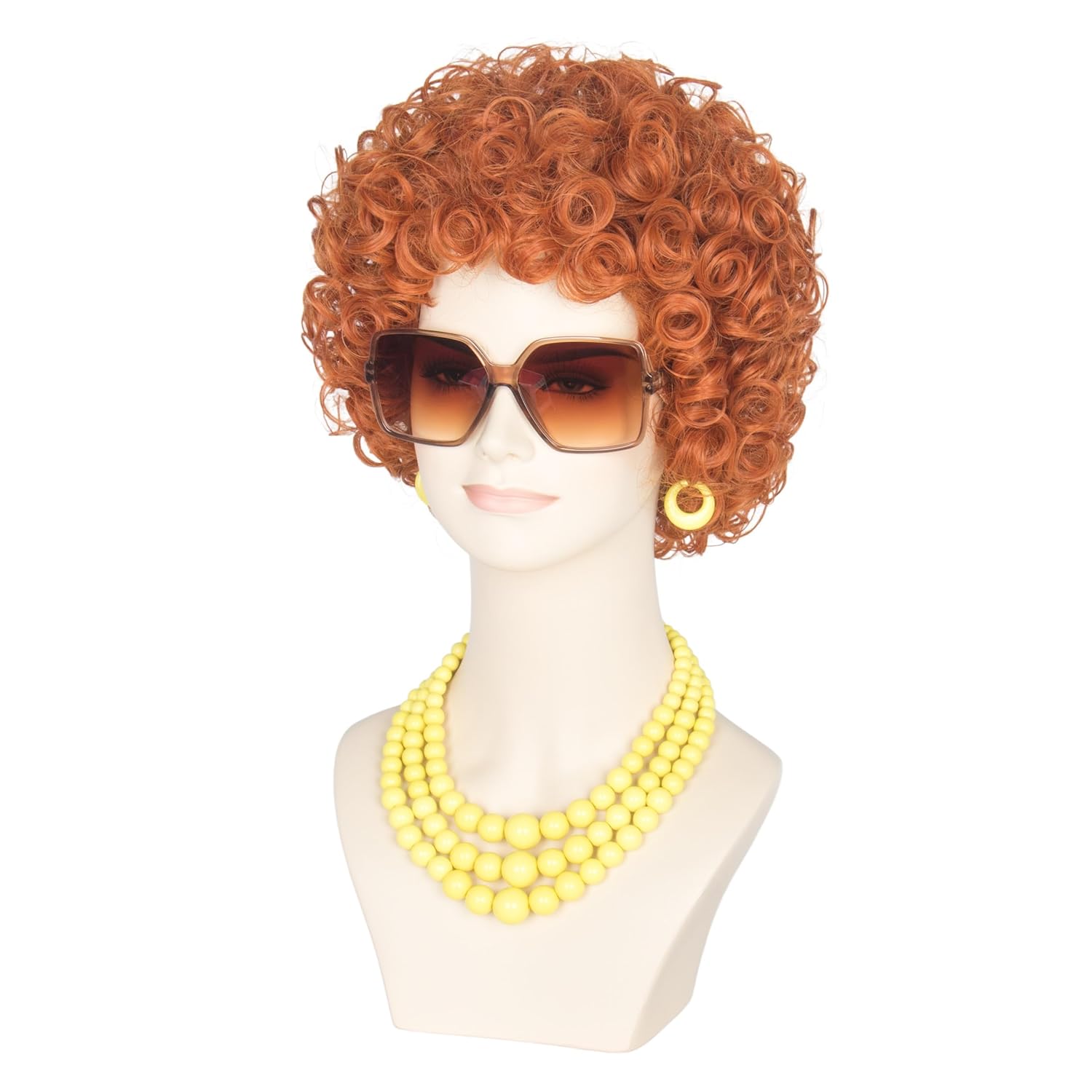 Yan Dream Women Short Curly Red Brown Wig and Glasses Yellow Oversized Jewelry Set Party Cosplay Wig - Image 7