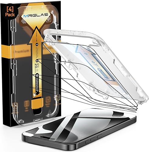 MRGLAS Paquete de 4 protectores de pantalla para iPhone 15 Pro Max kit de alineación automática 10 protectores de grado militar HD transparente