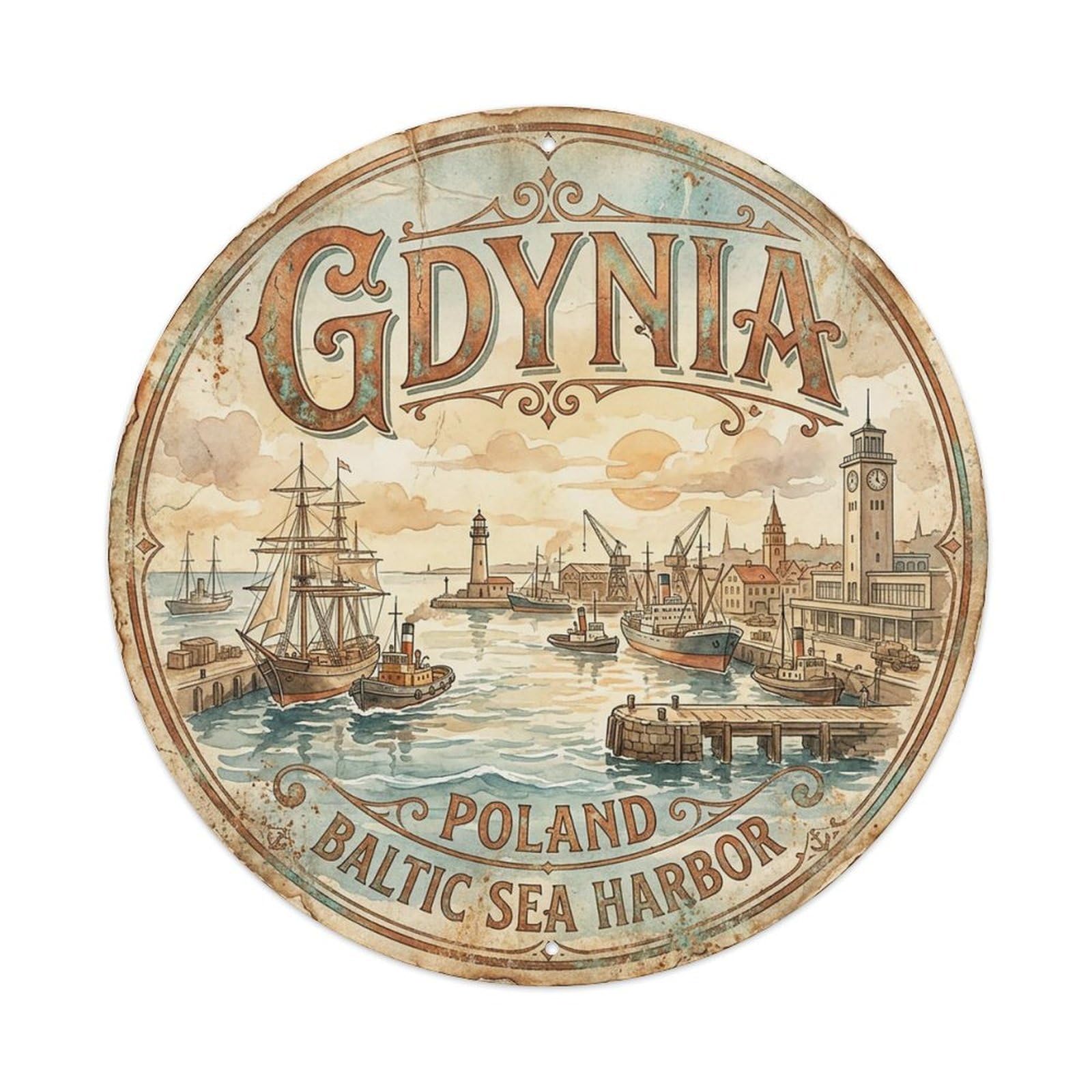Vintage Travel Poland Gdynia Vintage Metal Tin Sign Plaque Wall Decor for Cafe, Club Bar, Office, Garden Metal Poster 8x8Inch