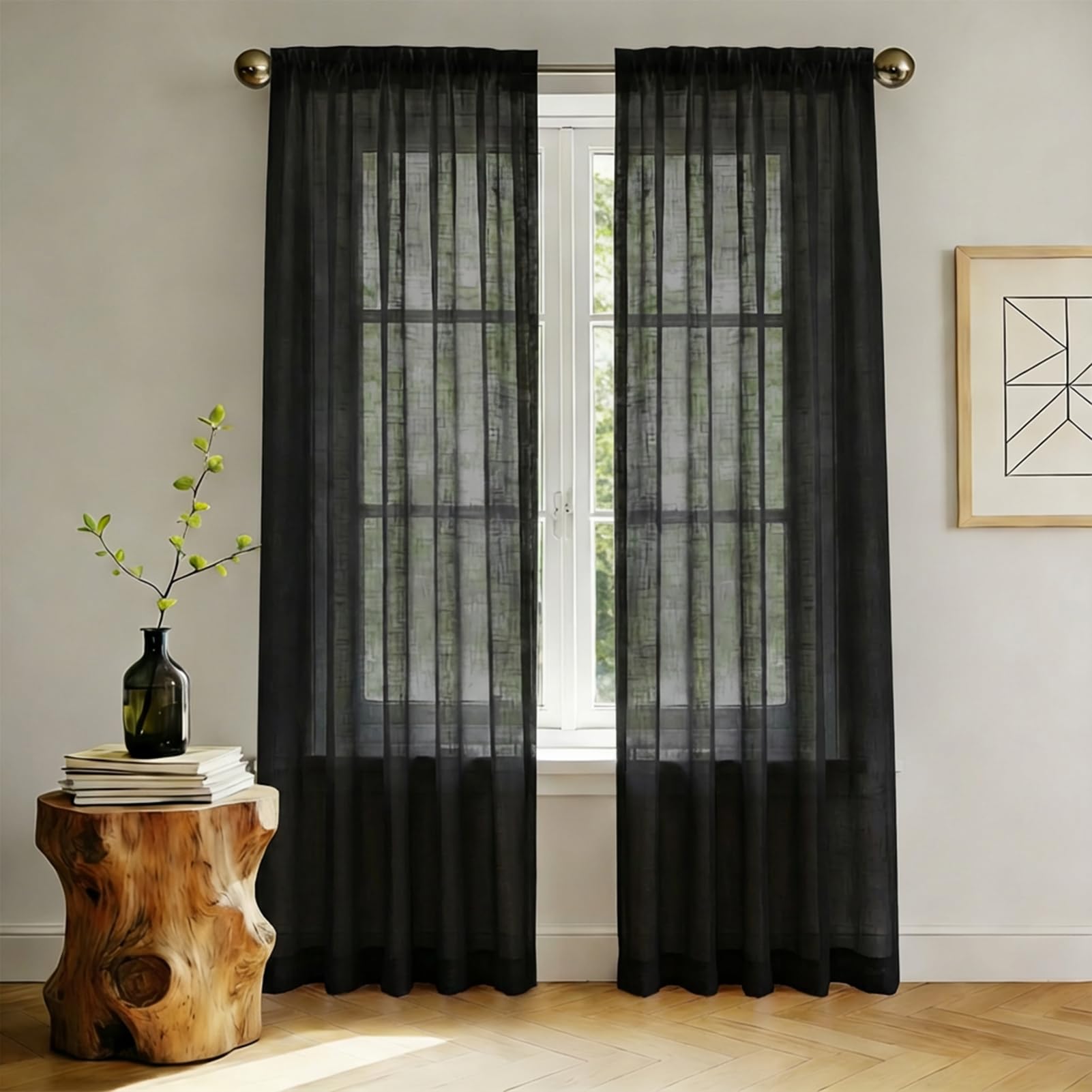 NAKIHOUSE Linen Voile Curtain, 2 Panels Black Net Curtains for Windows 72 Drop, Farmhouse Linen Textured Look Semi Sheer Curtains, Light Filtering Slot Top Window Drapes for Living Room, Bedroom — image 1