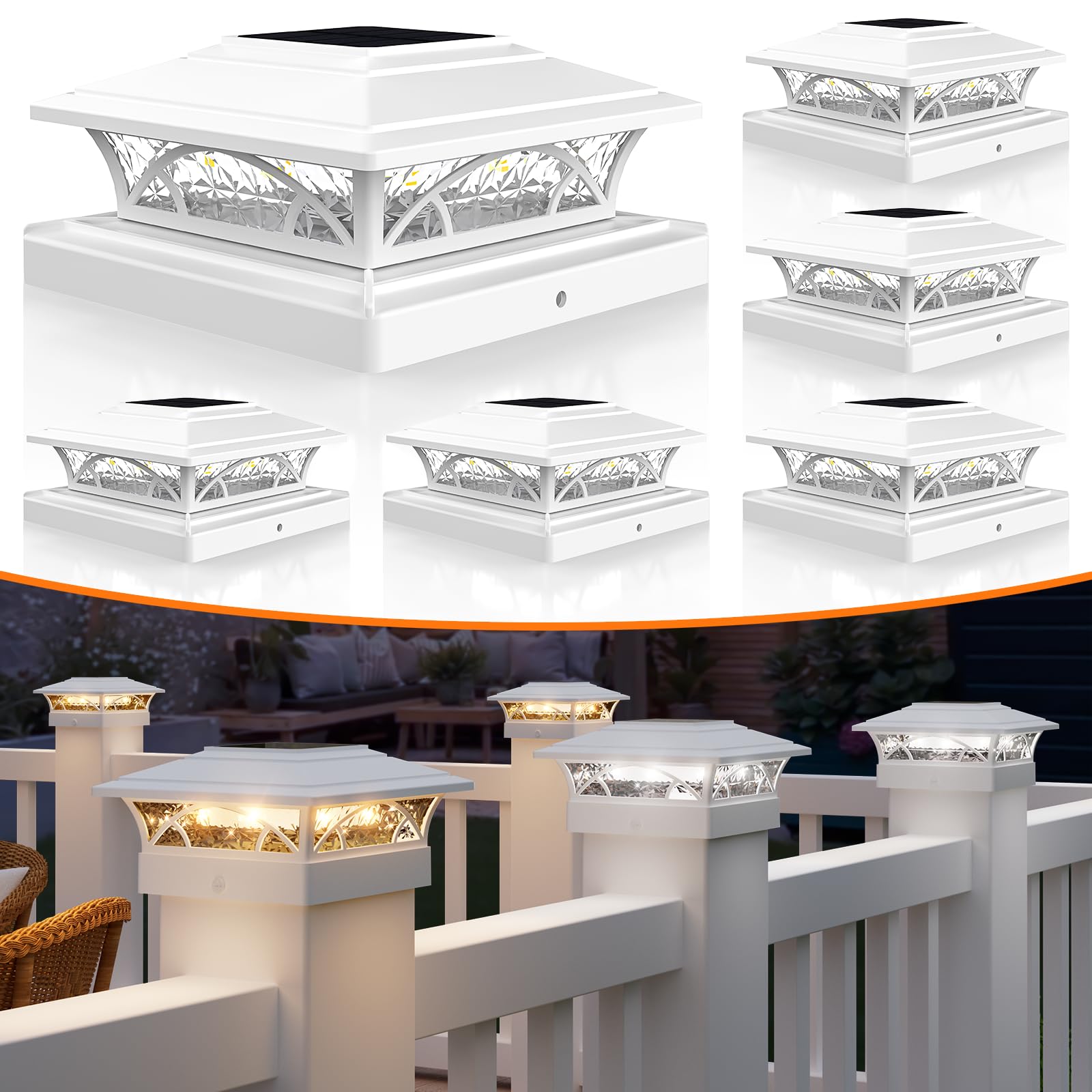 APONUO 5x5 Solar Post Cap Lights 6 Pack - White Solar Fence Post Lights for Vinyl, IP65 Waterproof Auto On/Off, 2-Mode Outdoor Lights for 4x4 6x6 Wood/Vinyl Posts, Deck, Patio & Yard (Easy Install)