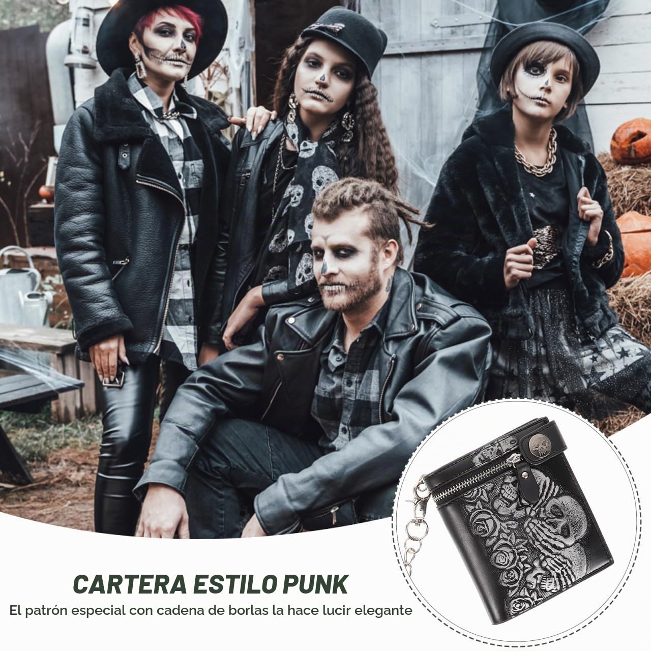 Gatuida Cartera de Cuero Punk con Cadena Antirrobo Diseño y Tarjetero Unisex Vertical Resistente y para Diario