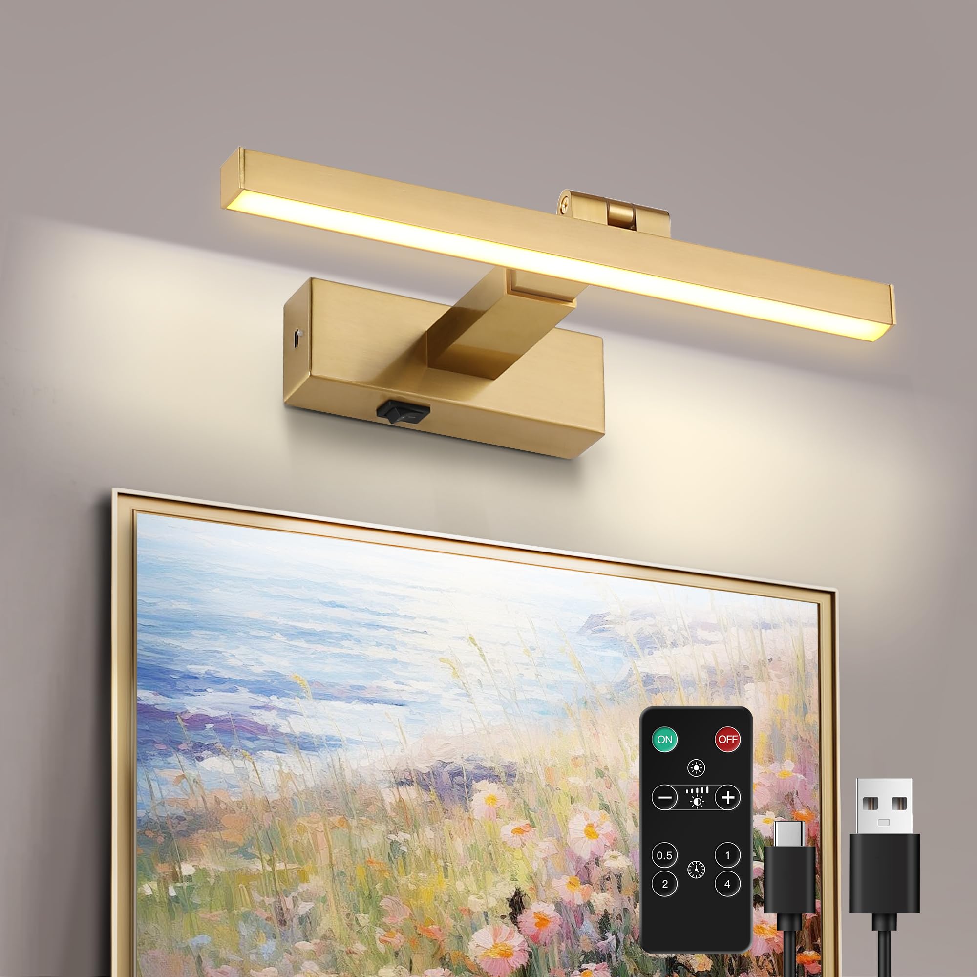 ZitoStory Picture Lights Dimmable Wireless Picture Lights for Paintings LED Wall Light Fixtures Adjustable Gold Wall Sconce with Remote (Brass, 12inch)